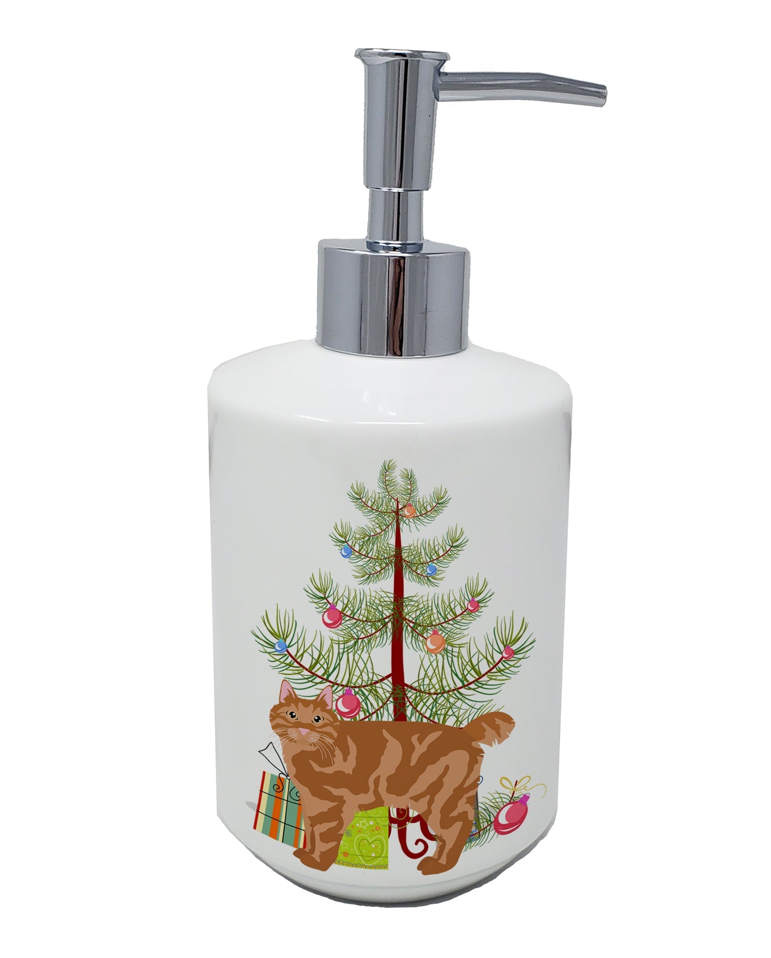 Kurilian Bobtail Cat Christmas Ceramic Soap Dispenser , Empty Refillable Hand Soap Pump Bottle for Bathroom Kitchen
