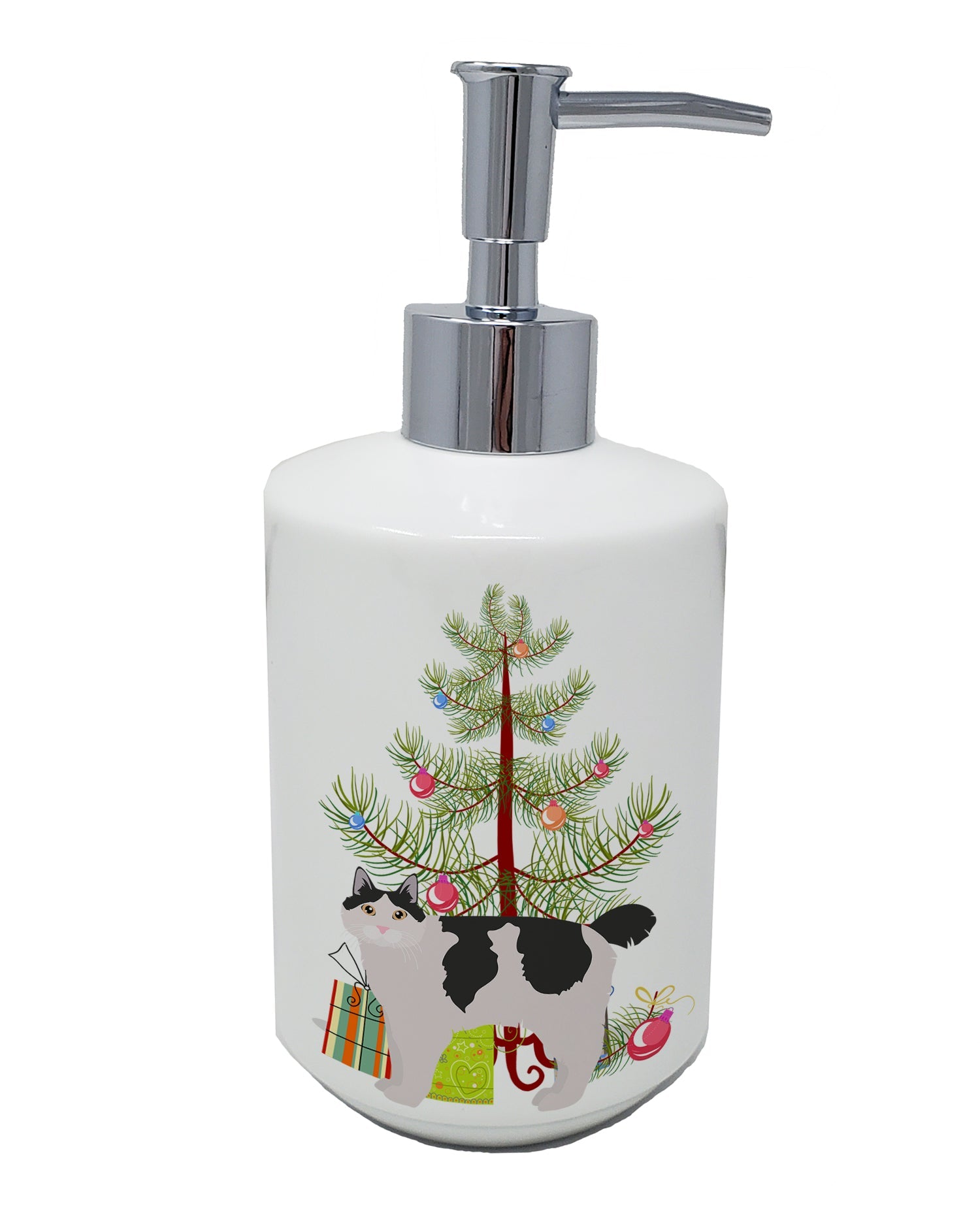 Kurilian Bobtail Cat Christmas Ceramic Soap Dispenser , Empty Refillable Hand Soap Pump Bottle for Bathroom Kitchen