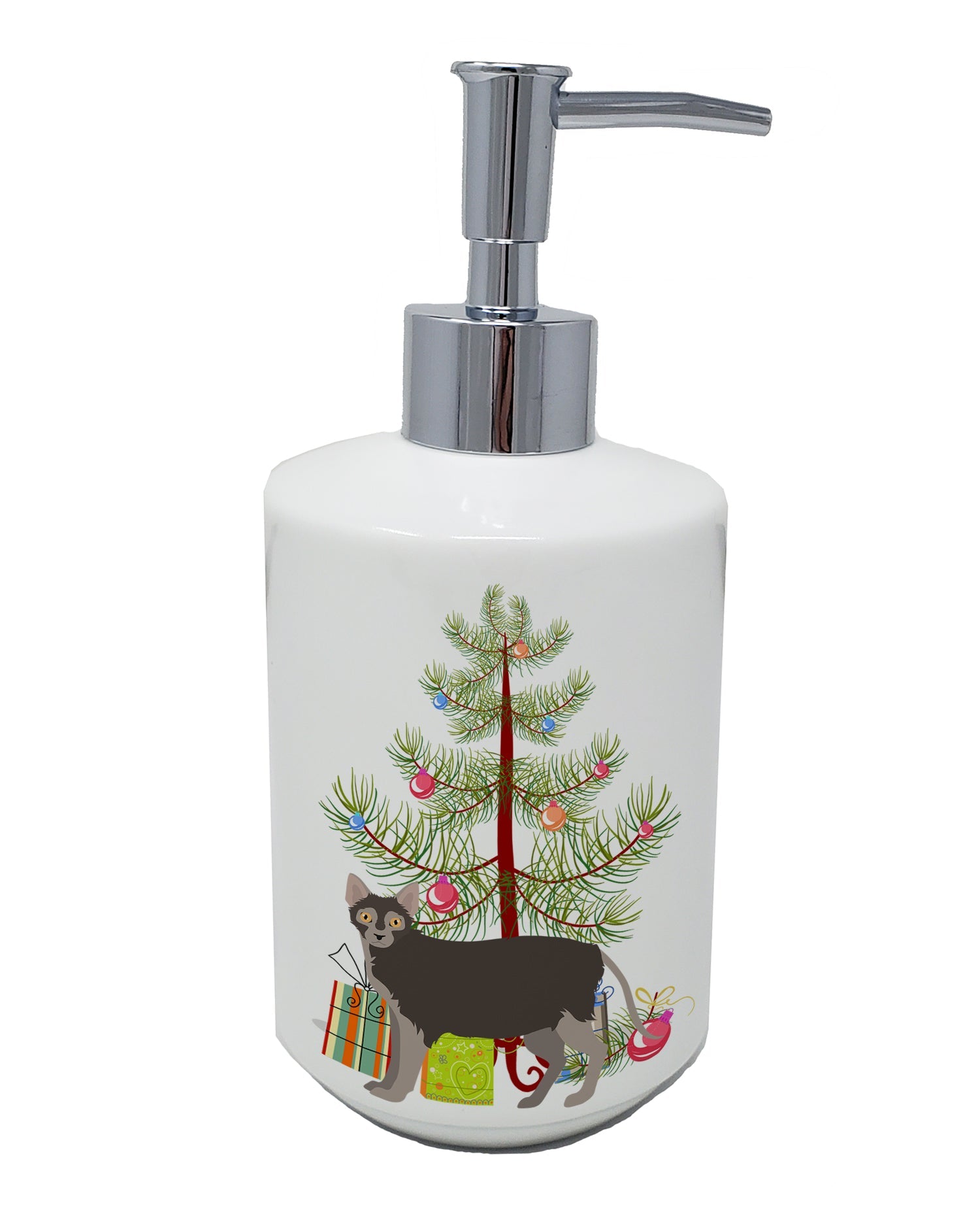 Lykoi Cat Merry Christmas Ceramic Soap Dispenser , Empty Refillable Hand Soap Pump Bottle for Bathroom Kitchen