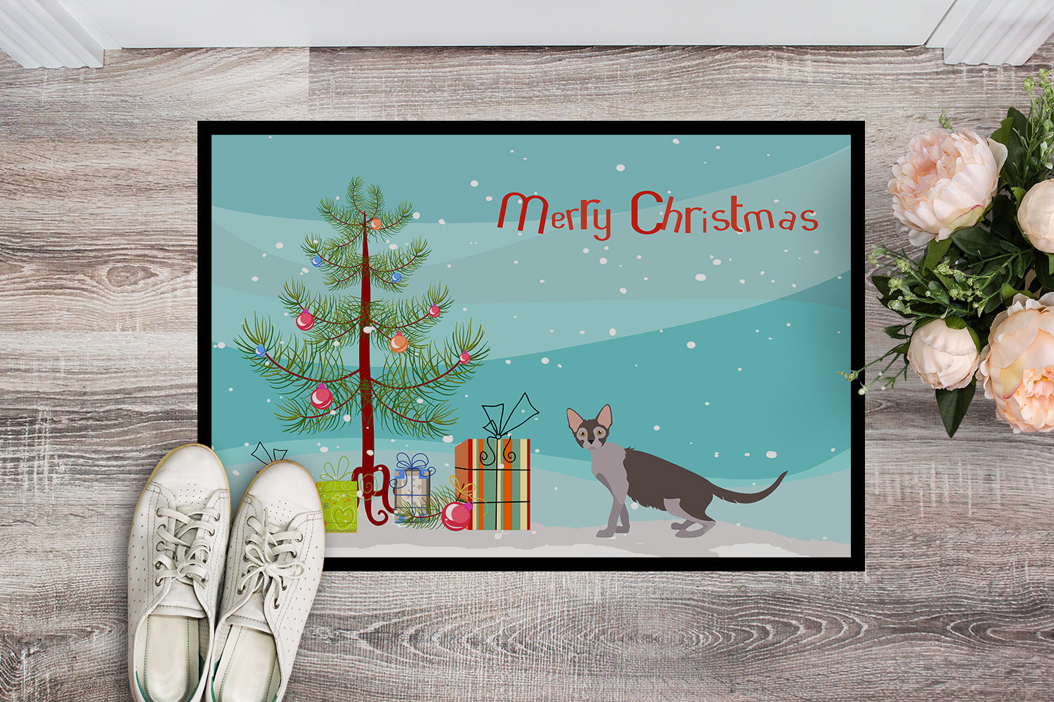 Lykoi Cat Merry Christmas Doormat Indoor Outdoor 18H X 27W Front Door Mat Rugs for Entryway, Non Slip Washable