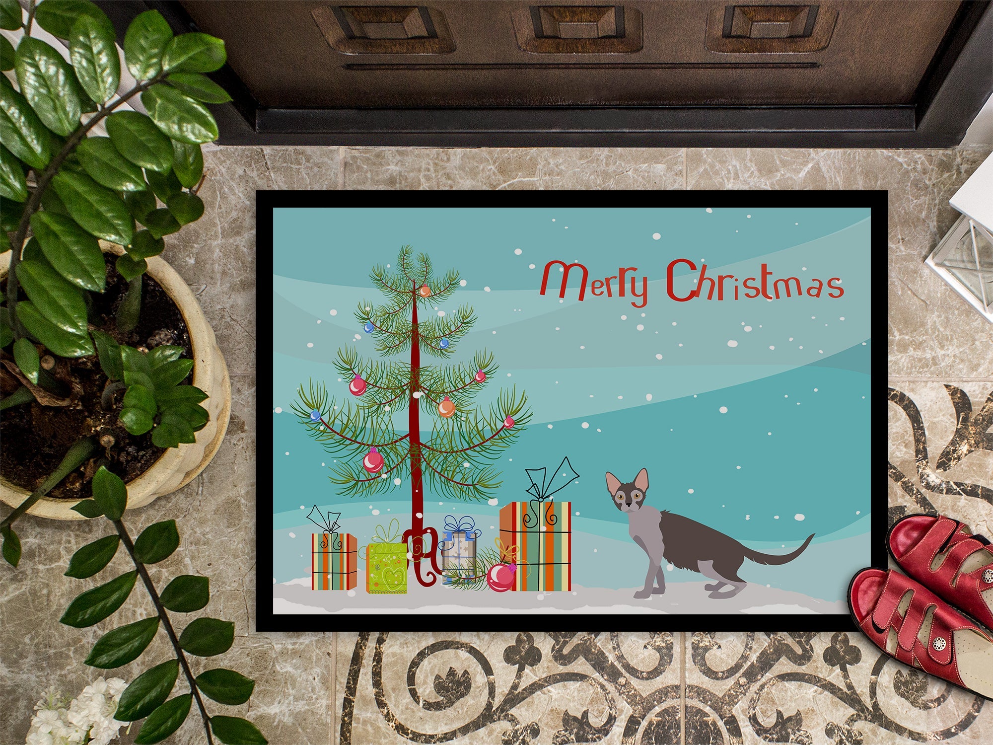 Lykoi Cat Merry Christmas Doormat Indoor Outdoor 18H X 27W Front Door Mat Rugs for Entryway, Non Slip Washable