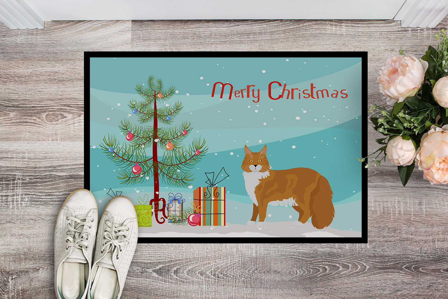 Maine Coon Cat Christmas Doormat Indoor Outdoor 24H X 36W Front Door Mat Rugs for Entryway, Non Slip Washable Low Pile,