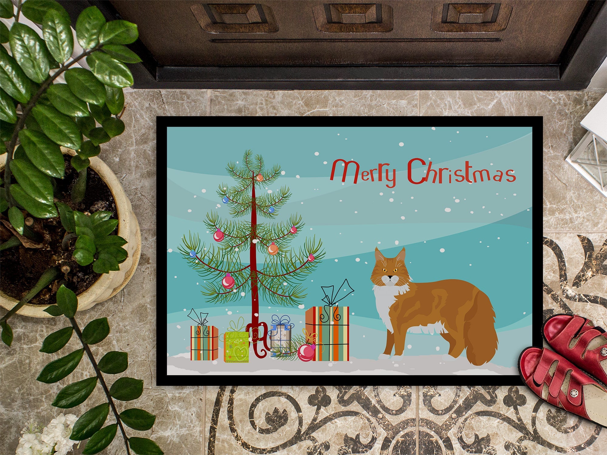 Maine Coon Cat Christmas Doormat Indoor Outdoor 24H X 36W Front Door Mat Rugs for Entryway, Non Slip Washable Low Pile,