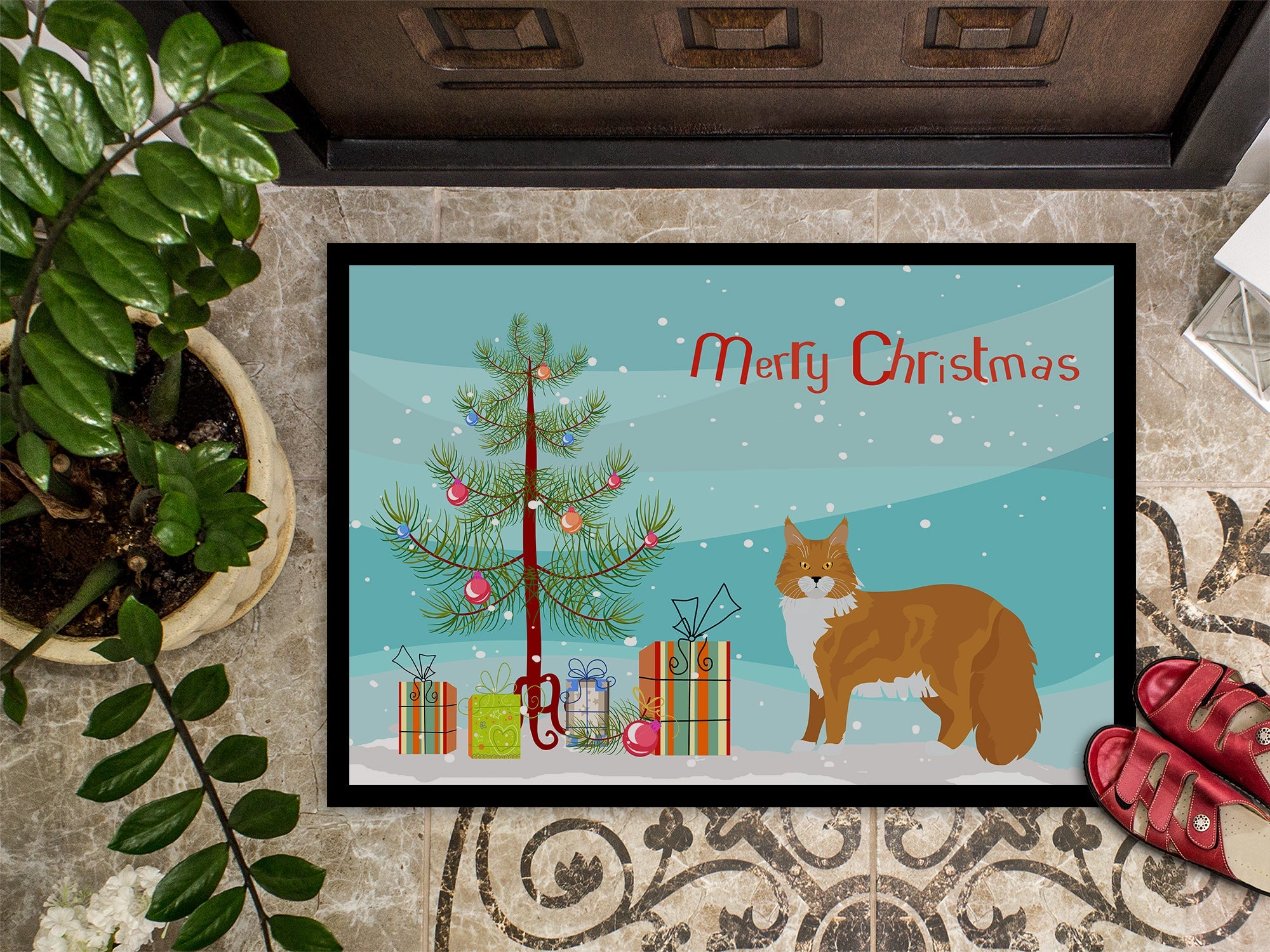 Maine Coon Cat Christmas Doormat Indoor Outdoor 18H X 27W Front Door Mat Rugs for Entryway, Non Slip Washable
