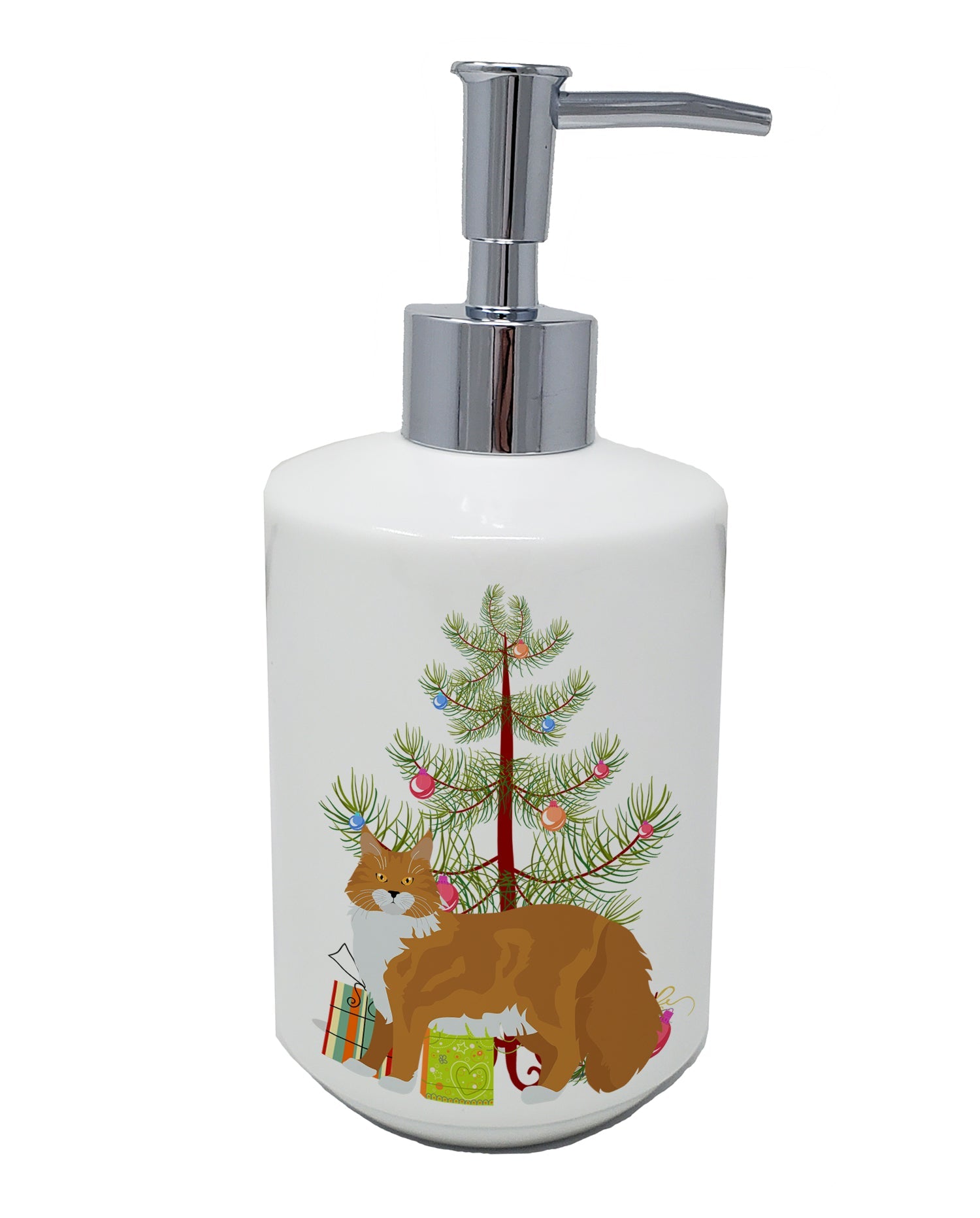 Maine Coon Cat Christmas Ceramic Soap Dispenser , Empty Refillable Hand Soap Pump Bottle for Bathroom Kitchen