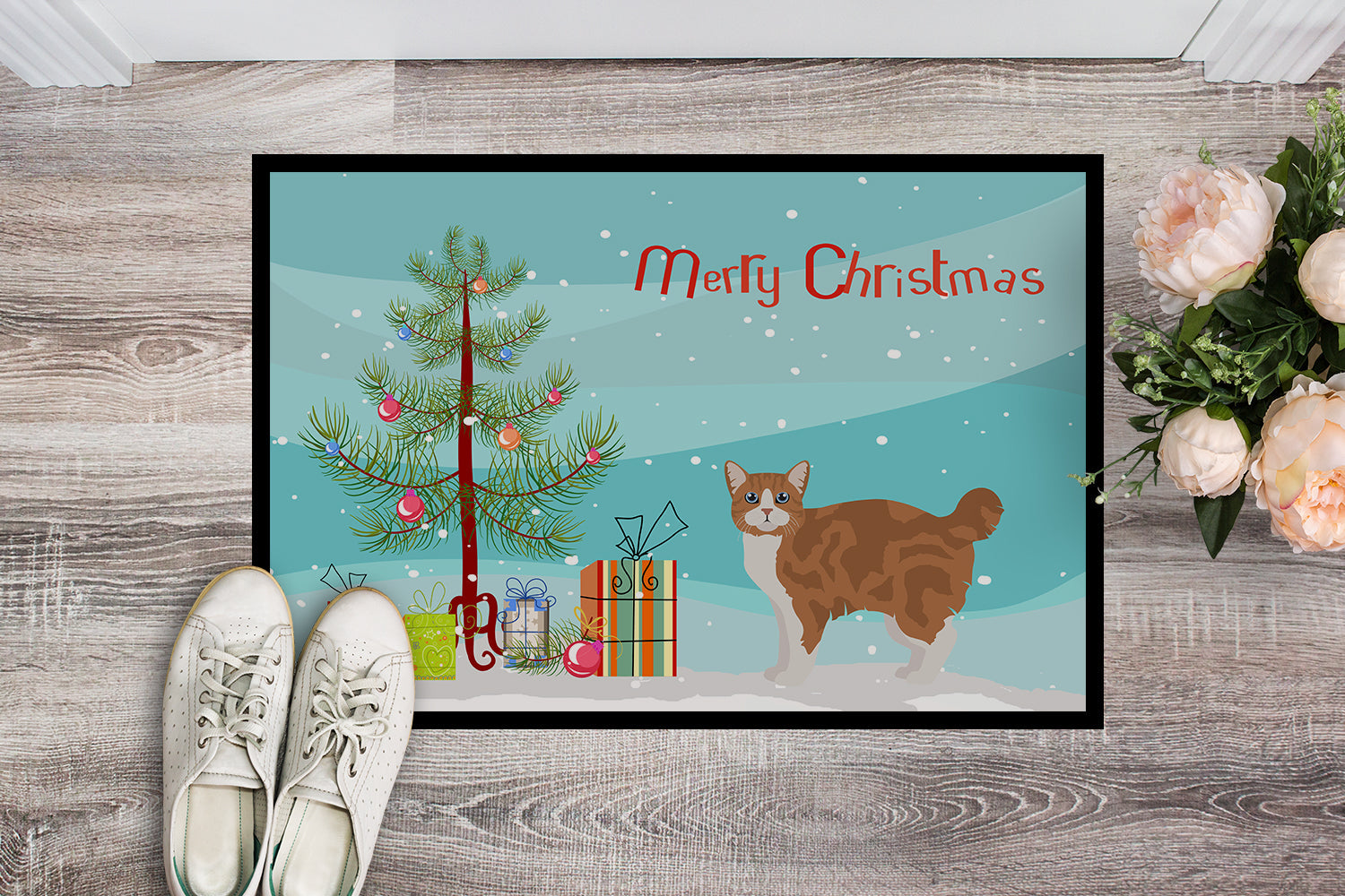 Manx Cat Christmas Doormat Indoor Outdoor 18H X 27W Front Door Mat Rugs for Entryway, Non Slip Washable