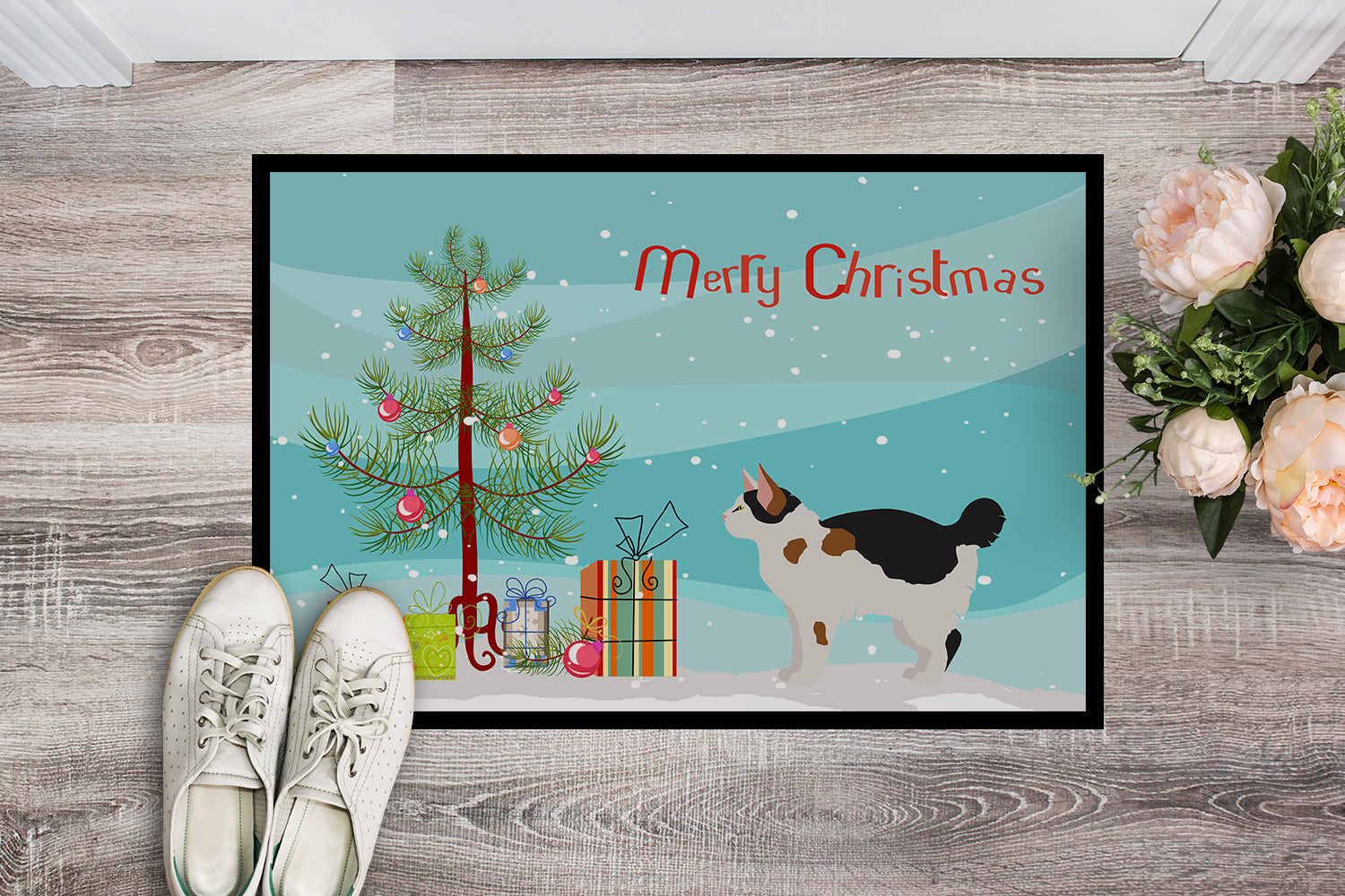Manx Cat Christmas Doormat Indoor Outdoor 18H X 27W Front Door Mat Rugs for Entryway, Non Slip Washable