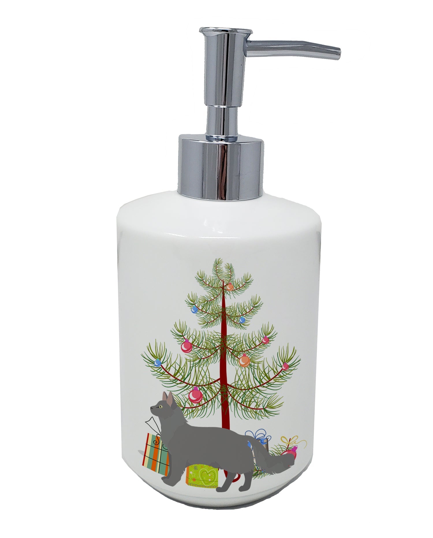 Nebelung Cat Christmas Ceramic Soap Dispenser , Empty Refillable Hand Soap Pump Bottle for Bathroom Kitchen