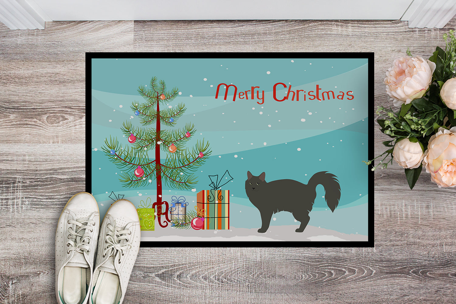 Nebelung Cat Christmas Doormat Indoor Outdoor 24H X 36W Front Door Mat Rugs for Entryway, Non Slip Washable Low Pile,