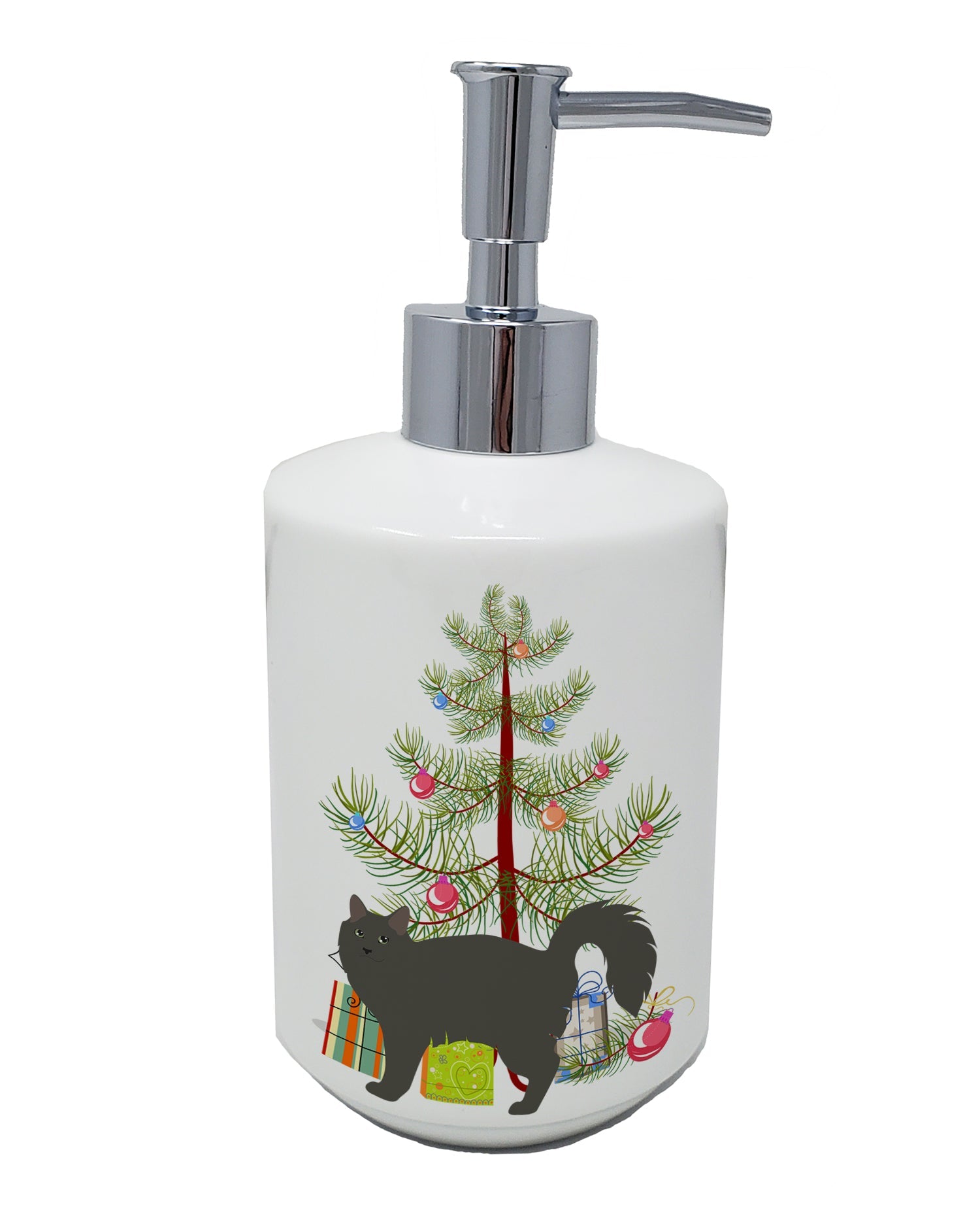 Nebelung Cat Christmas Ceramic Soap Dispenser , Empty Refillable Hand Soap Pump Bottle for Bathroom Kitchen