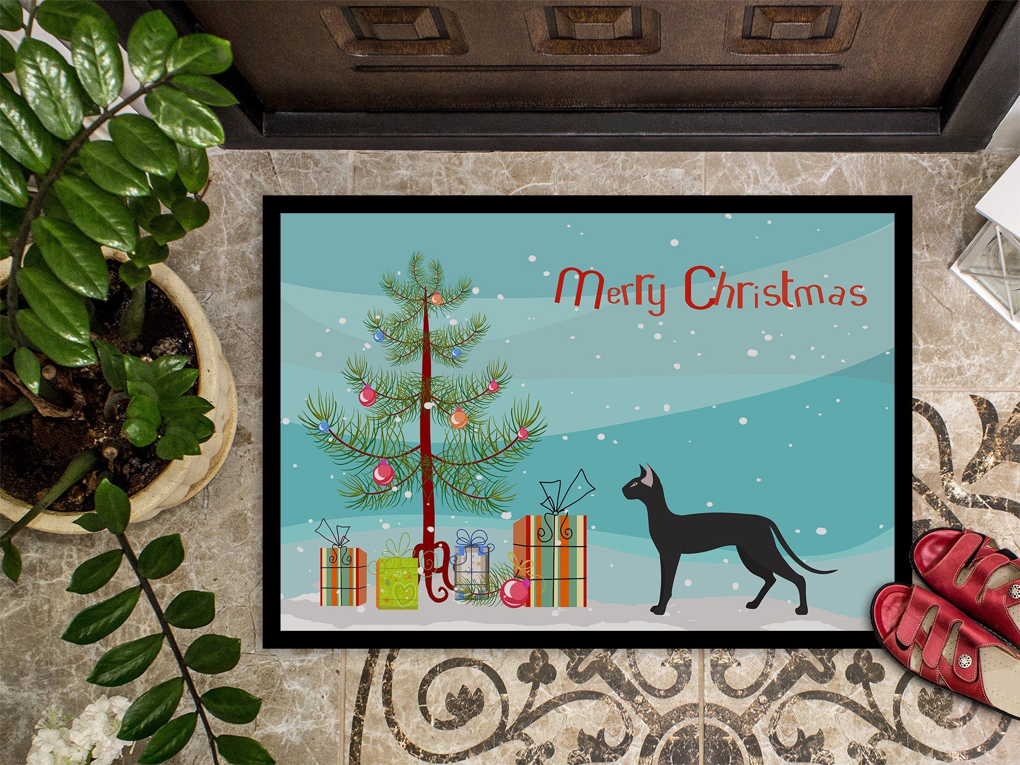 Oriental Shorthair Cat Christmas Doormat Indoor Outdoor 24H X 36W Front Door Mat Rugs for Entryway, Non Slip Washable Low Pile,