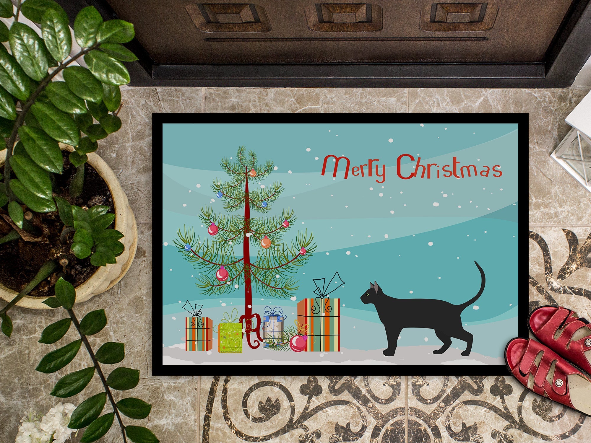 Pantherette Cat Christmas Doormat Indoor Outdoor 18H X 27W Front Door Mat Rugs for Entryway, Non Slip Washable