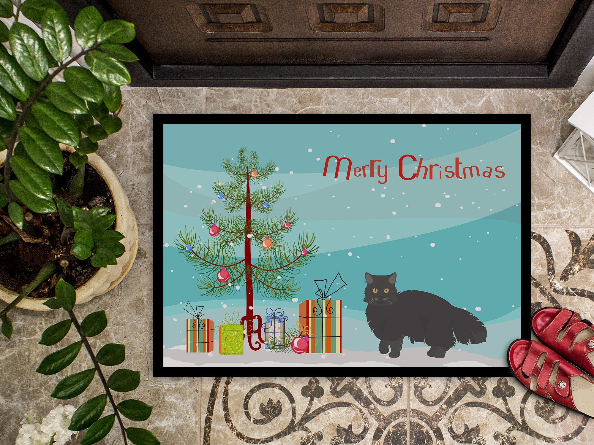 Black Persian Traditional Cat Christmas Doormat Indoor Outdoor 18H X 27W Front Door Mat Rugs for Entryway, Non Slip Washable