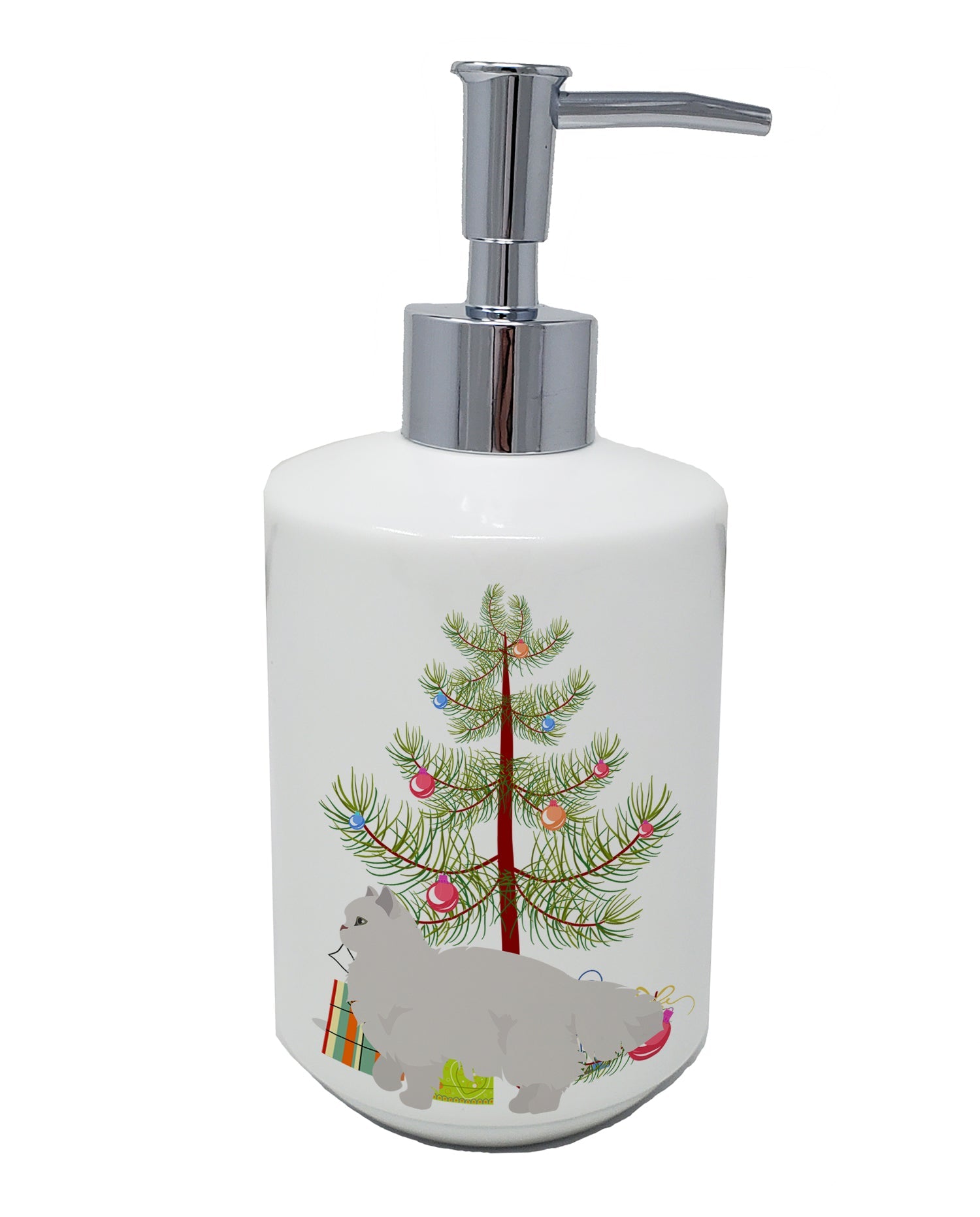 White Persian Traditional Cat Christmas Ceramic Soap Dispenser , Empty Refillable Hand Soap Pump Bottle for Bathroom Kitchen