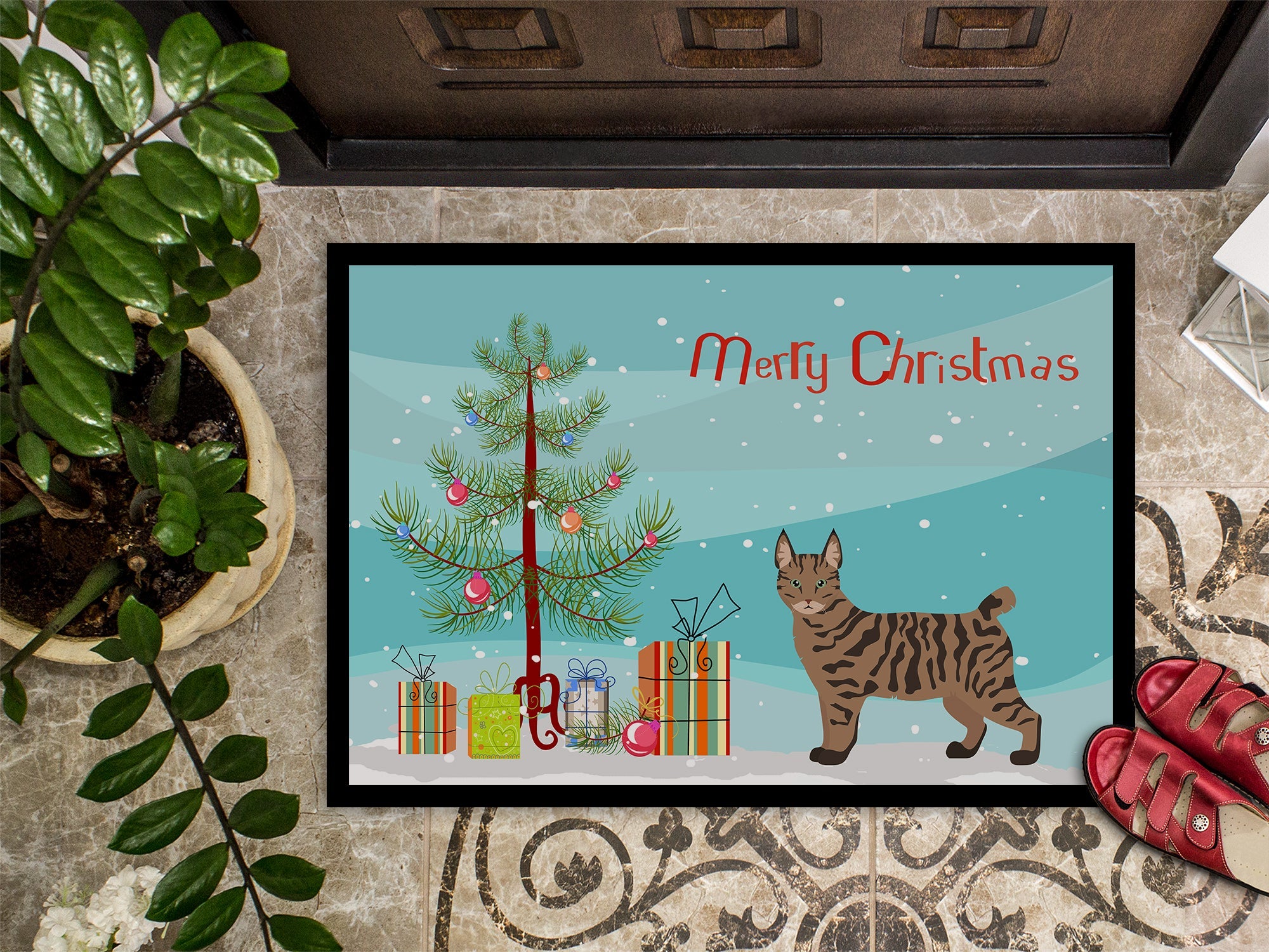Pixie Bob Cat  Christmas Doormat Indoor Outdoor 18H X 27W Front Door Mat Rugs for Entryway, Non Slip Washable