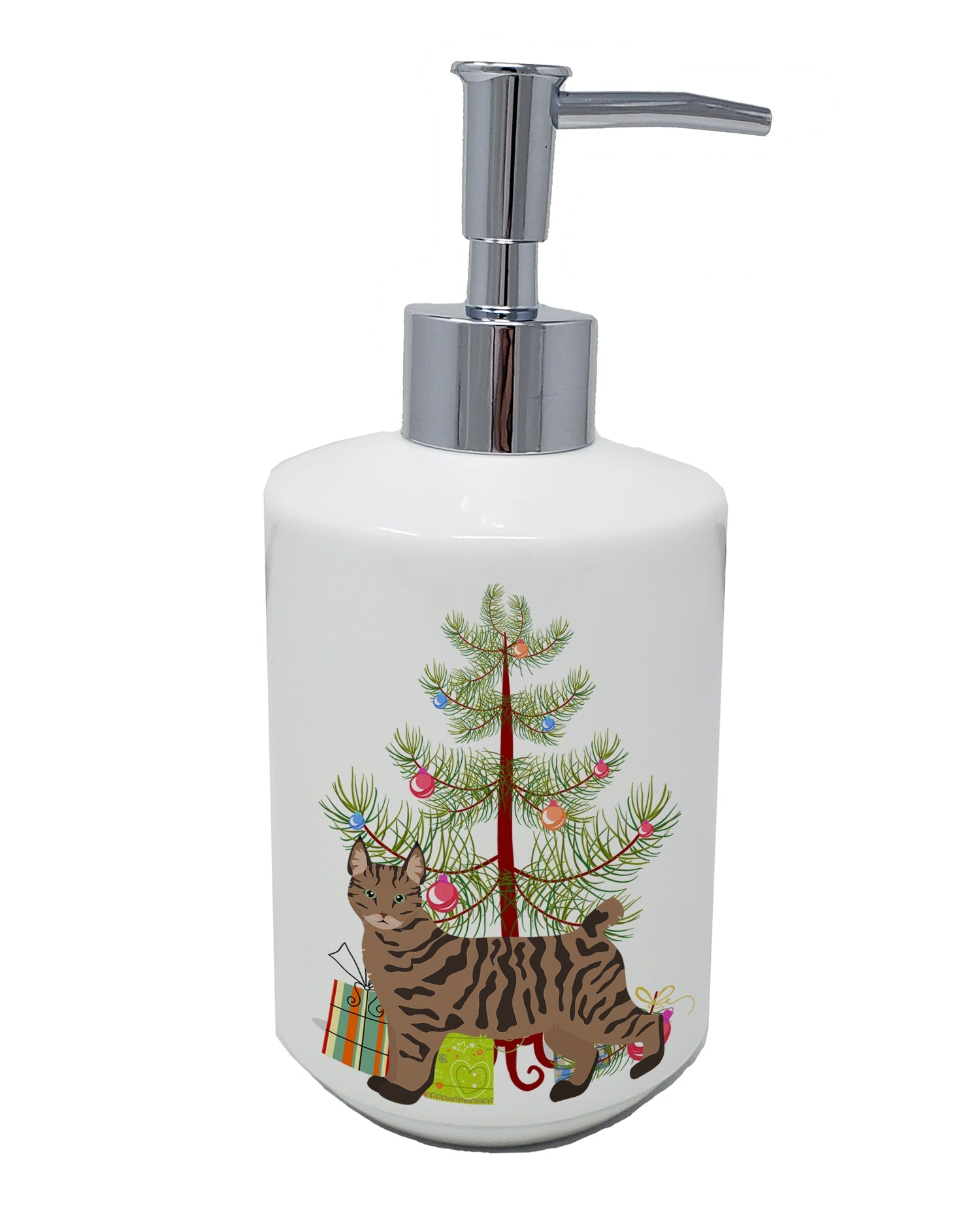 Pixie Bob Cat  Christmas Ceramic Soap Dispenser , Empty Refillable Hand Soap Pump Bottle for Bathroom Kitchen