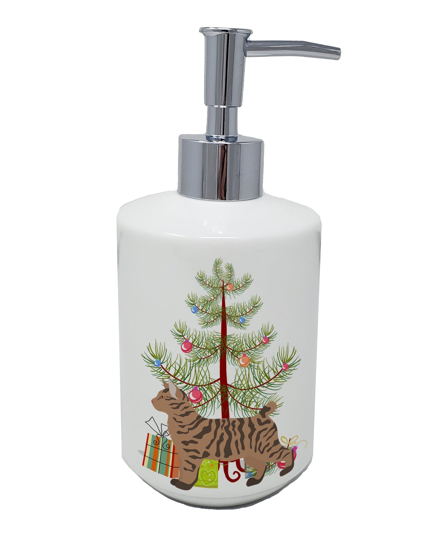 Pixie Bob Cat  Christmas Ceramic Soap Dispenser , Empty Refillable Hand Soap Pump Bottle for Bathroom Kitchen