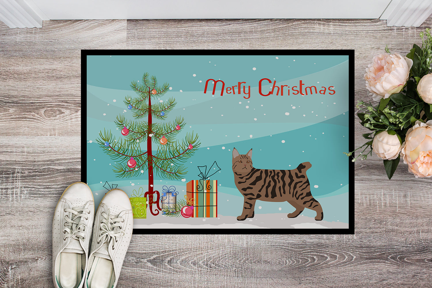 Pixie Bob Cat  Christmas Doormat Indoor Outdoor 24H X 36W Front Door Mat Rugs for Entryway, Non Slip Washable Low Pile,