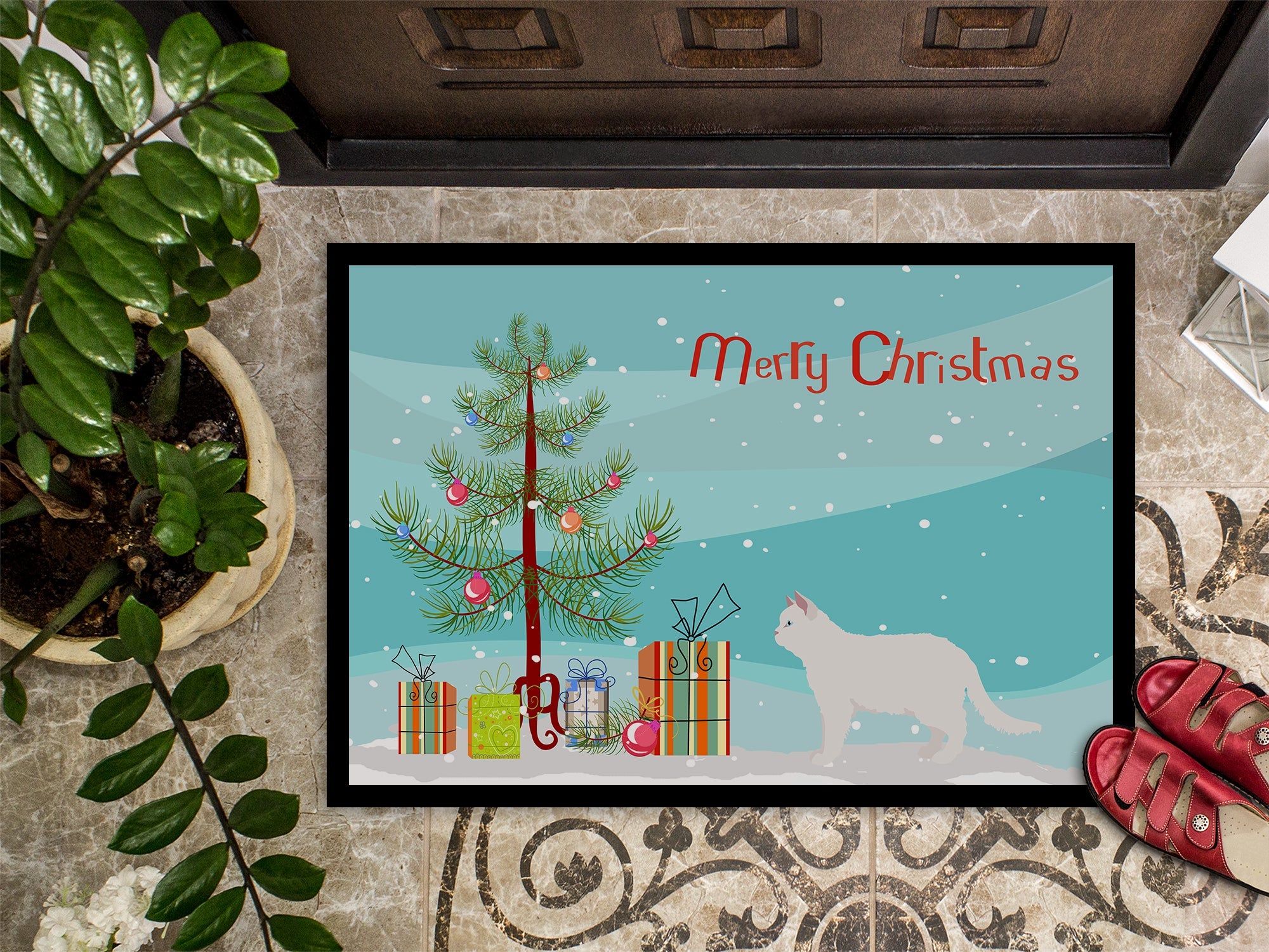 Poodle Cat Cat Christmas Doormat Indoor Outdoor 18H X 27W Front Door Mat Rugs for Entryway, Non Slip Washable