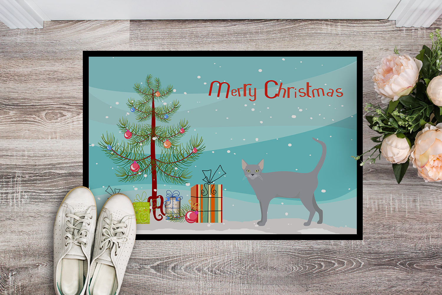Russian Blue Cat Christmas Doormat Indoor Outdoor 18H X 27W Front Door Mat Rugs for Entryway, Non Slip Washable