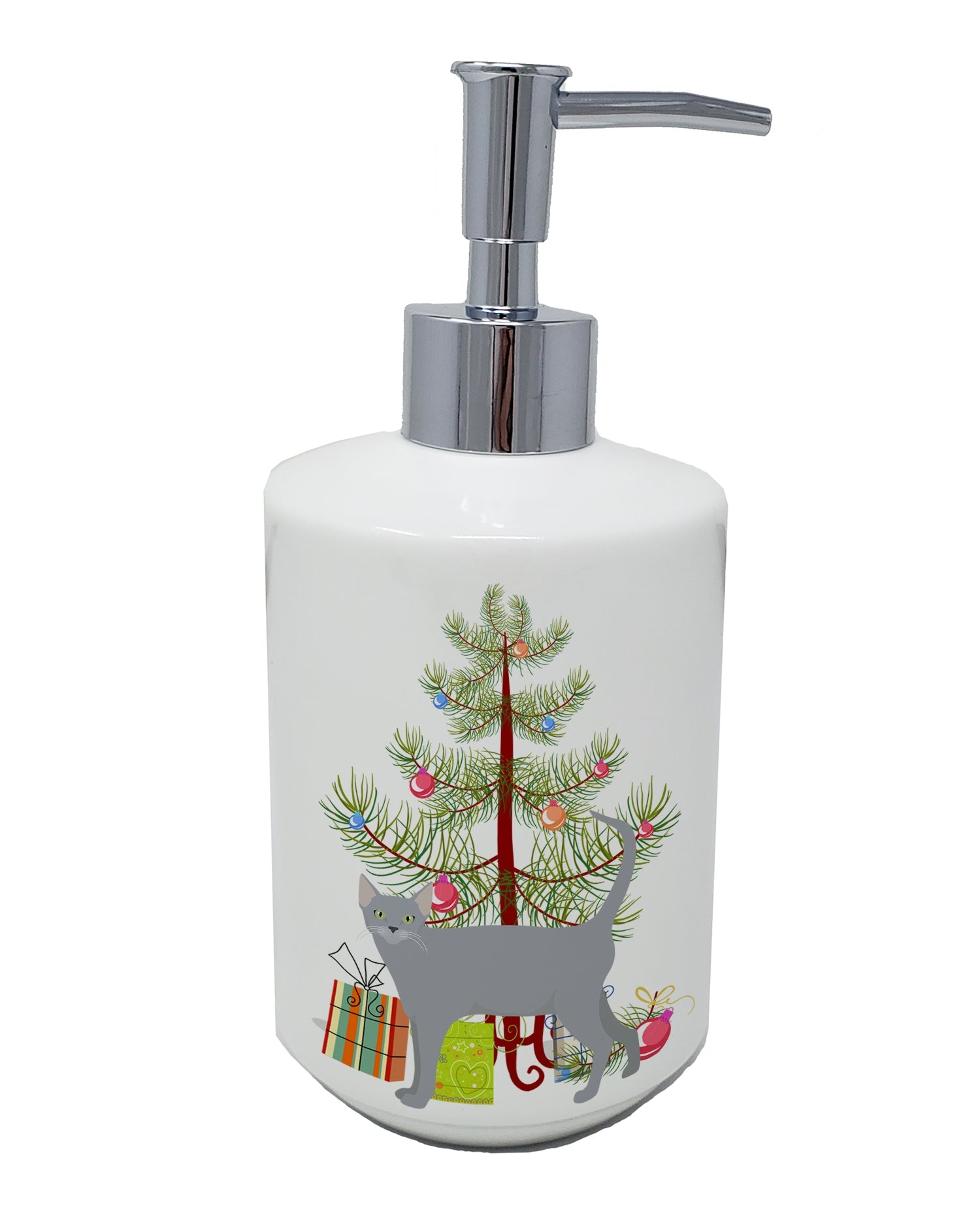 Russian Blue Cat Christmas Ceramic Soap Dispenser , Empty Refillable Hand Soap Pump Bottle for Bathroom Kitchen