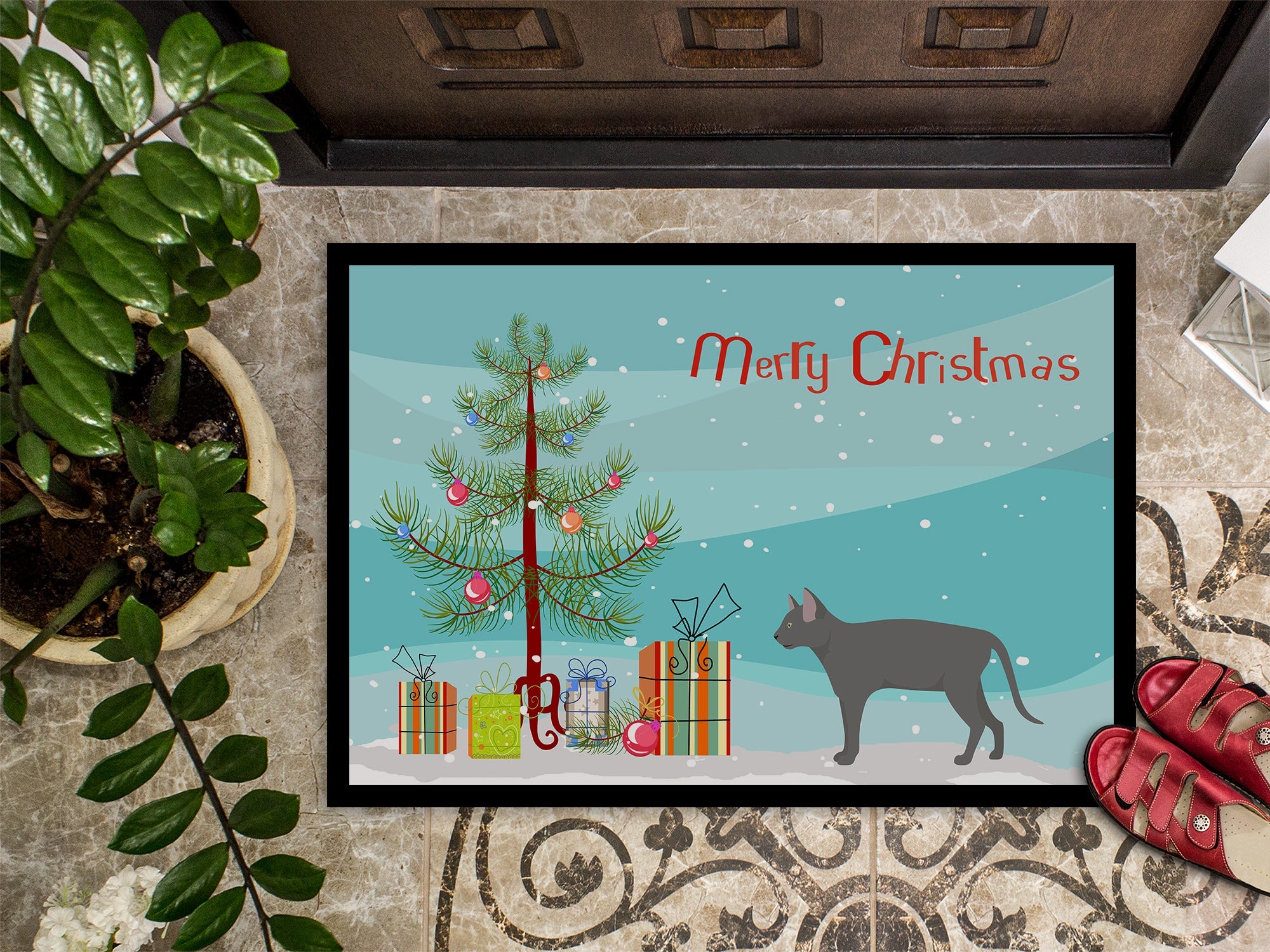 Russian Blue Cat Christmas Doormat Indoor Outdoor 18H X 27W Front Door Mat Rugs for Entryway, Non Slip Washable