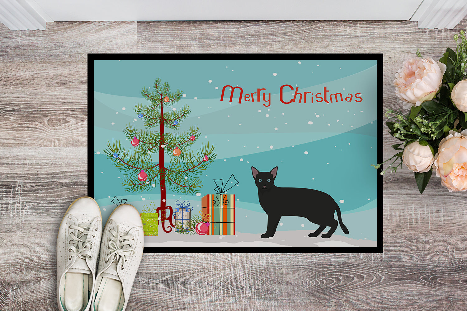 Russian White Black Cat Christmas Doormat Indoor Outdoor 18H X 27W Front Door Mat Rugs for Entryway, Non Slip Washable