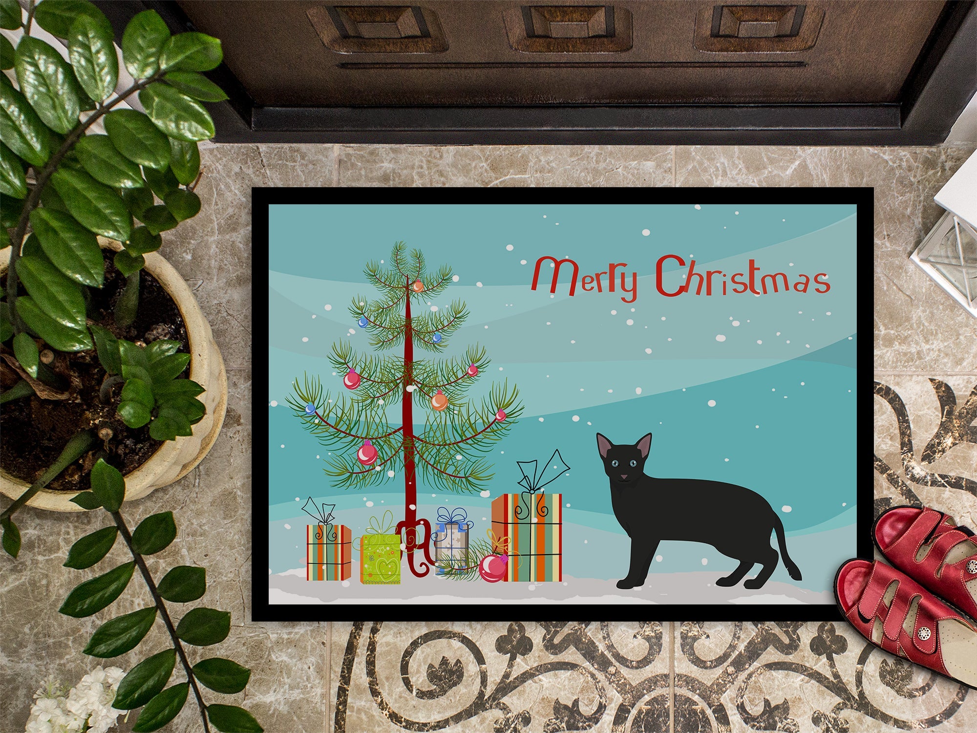 Russian White Black Cat Christmas Doormat Indoor Outdoor 18H X 27W Front Door Mat Rugs for Entryway, Non Slip Washable