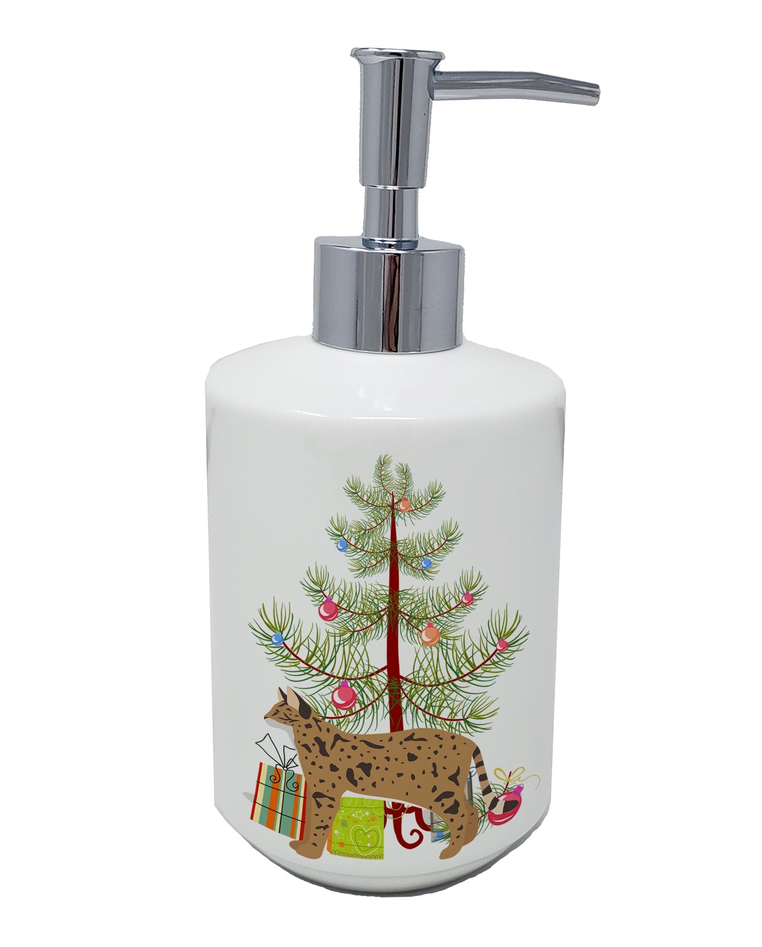 Savannah Cat Christmas Ceramic Soap Dispenser , Empty Refillable Hand Soap Pump Bottle for Bathroom Kitchen