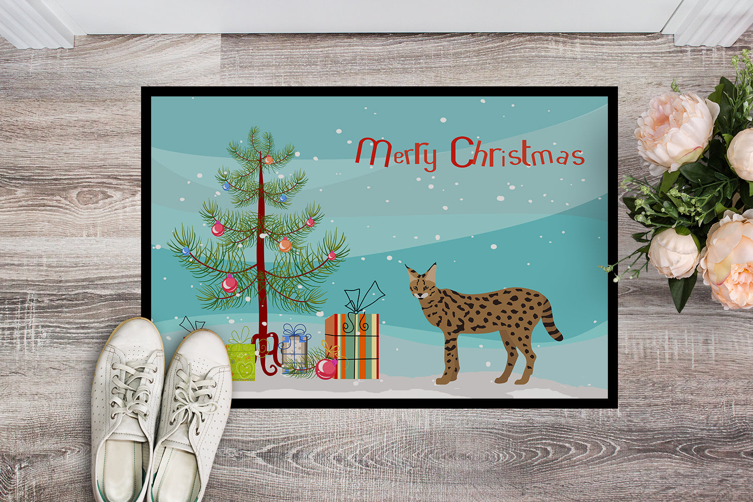 Savannah Cat Christmas Doormat Indoor Outdoor 18H X 27W Front Door Mat Rugs for Entryway, Non Slip Washable