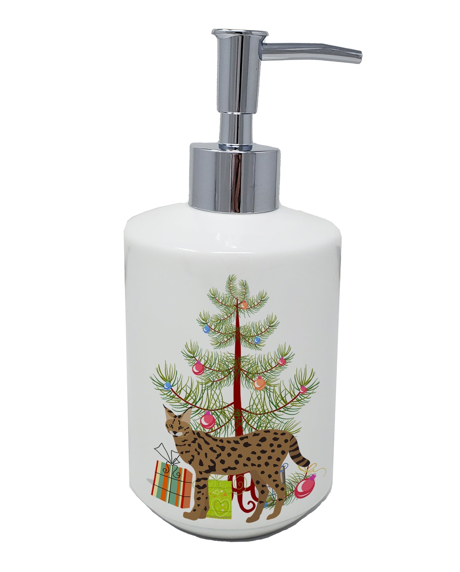 Savannah Cat Christmas Ceramic Soap Dispenser , Empty Refillable Hand Soap Pump Bottle for Bathroom Kitchen