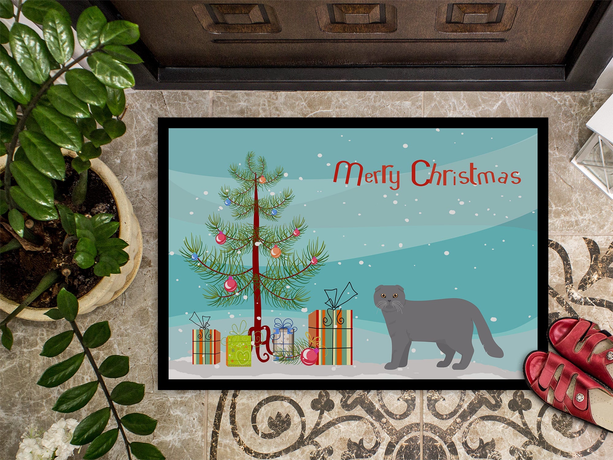 Scottish Fold Cat Christmas Doormat Indoor Outdoor 24H X 36W Front Door Mat Rugs for Entryway, Non Slip Washable Low Pile,