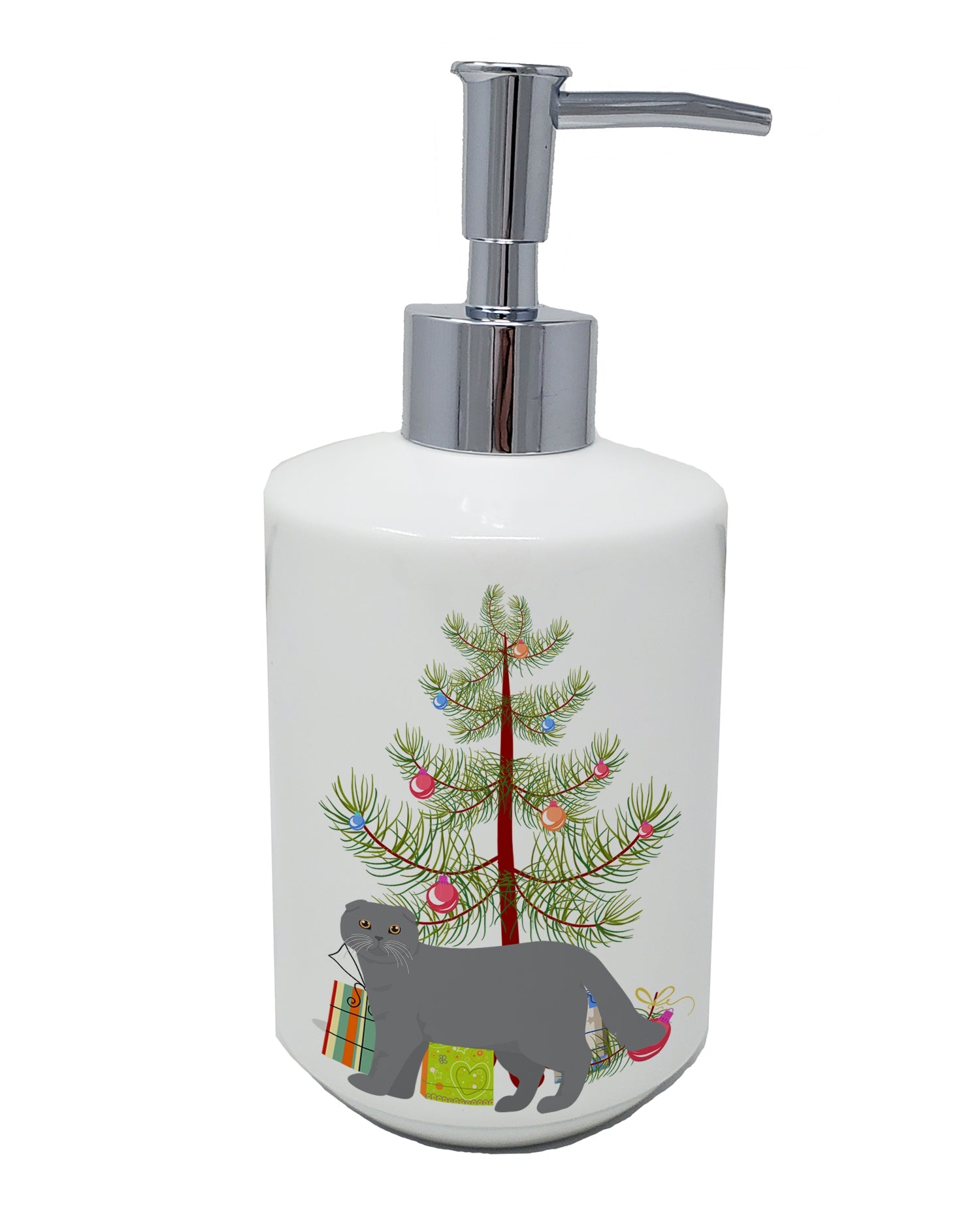 Scottish Fold Cat Christmas Ceramic Soap Dispenser , Empty Refillable Hand Soap Pump Bottle for Bathroom Kitchen
