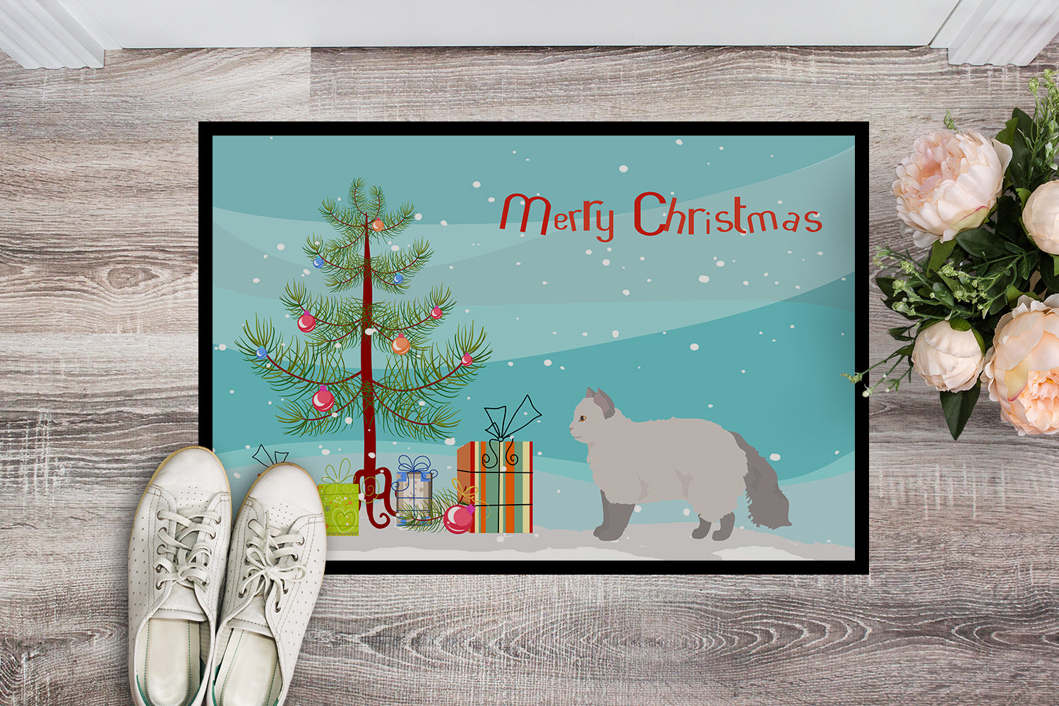 Selkirk Rex Cat Christmas Doormat Indoor Outdoor 18H X 27W Front Door Mat Rugs for Entryway, Non Slip Washable