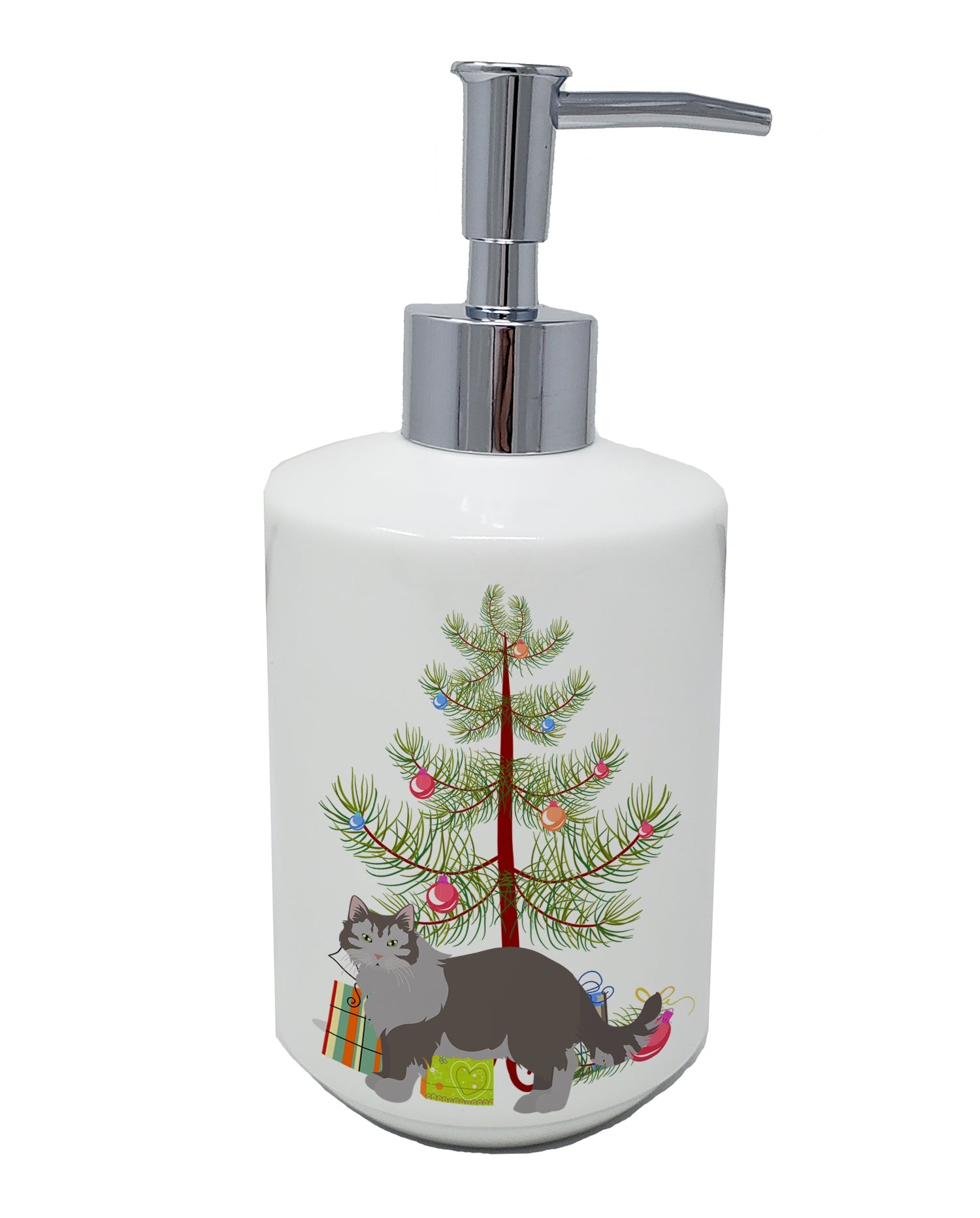 Siberian Forest Cat Christmas Ceramic Soap Dispenser , Empty Refillable Hand Soap Pump Bottle for Bathroom Kitchen
