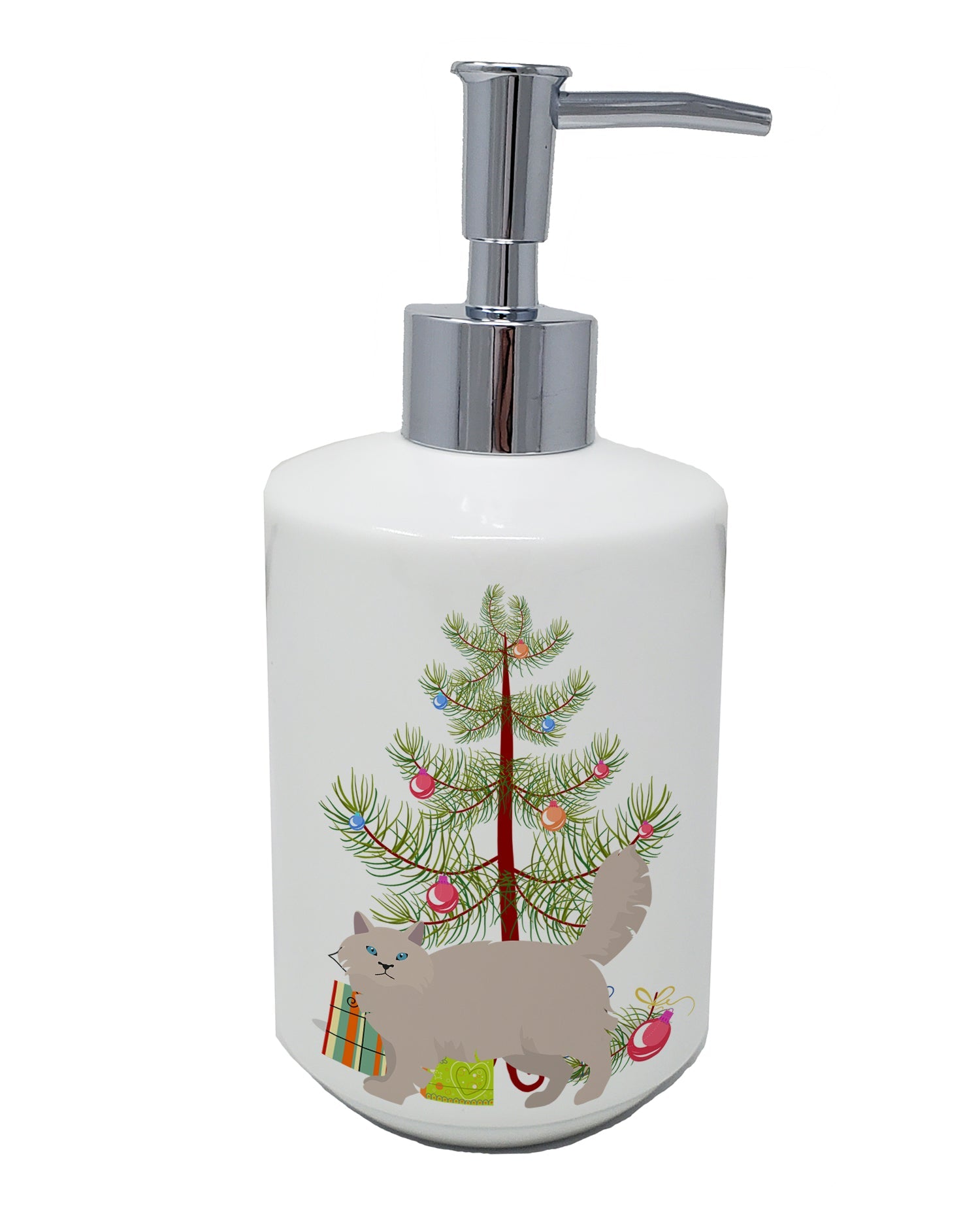 Siberian Forest Cat Christmas Ceramic Soap Dispenser , Empty Refillable Hand Soap Pump Bottle for Bathroom Kitchen