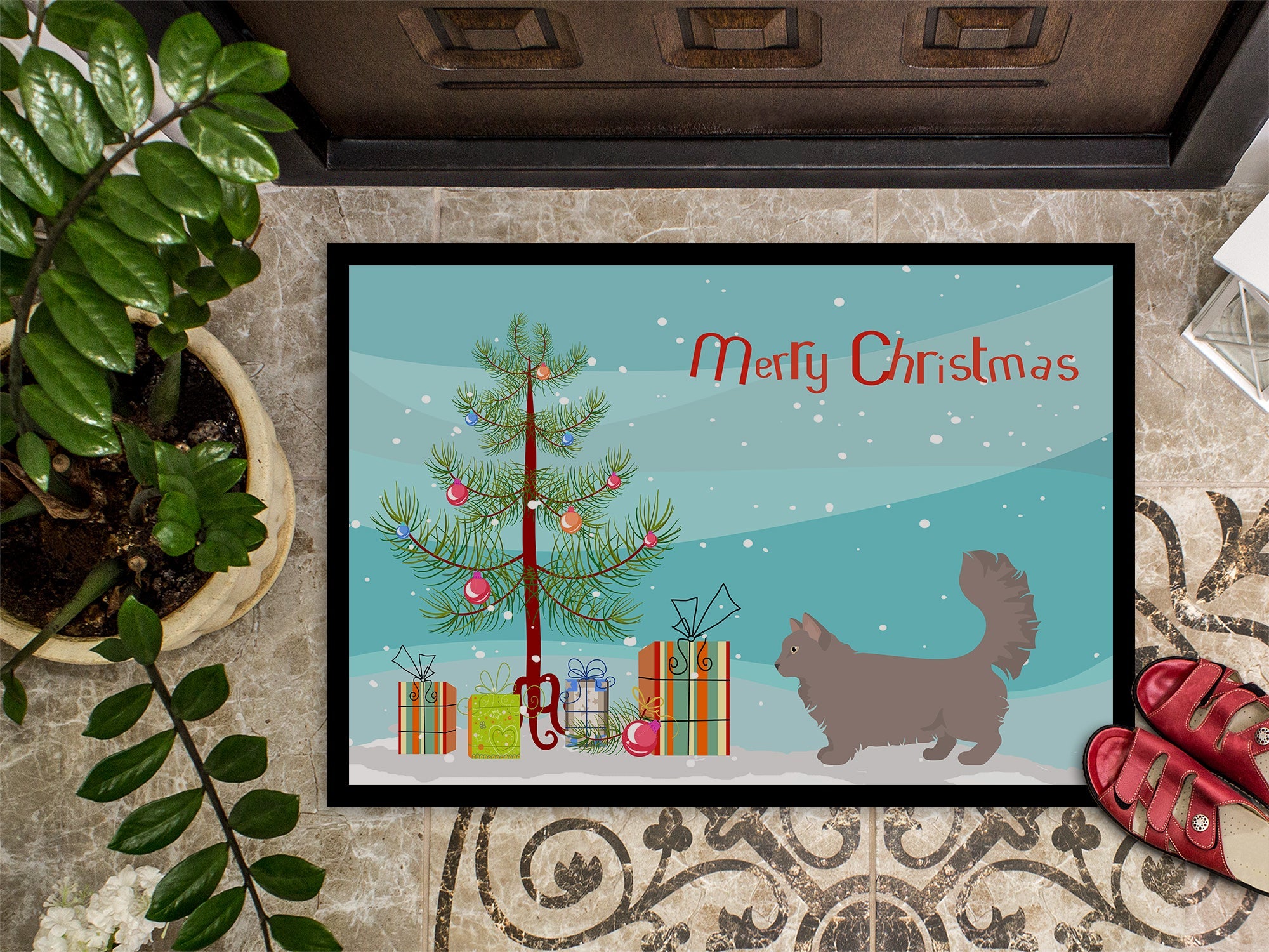 Skookum Cat Christmas Doormat Indoor Outdoor 18H X 27W Front Door Mat Rugs for Entryway, Non Slip Washable
