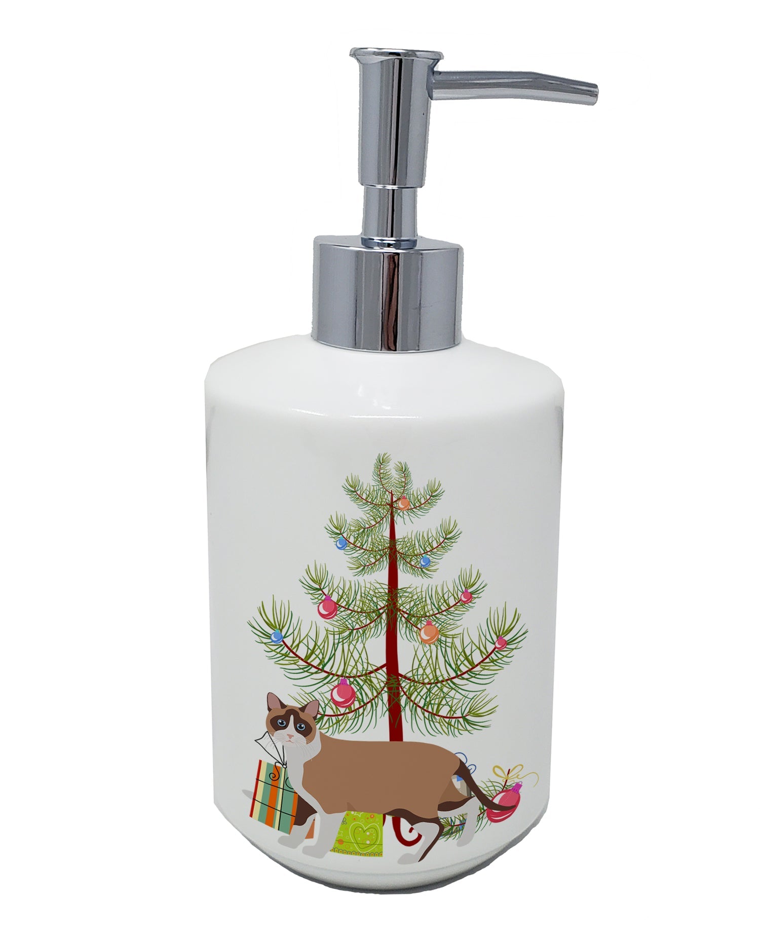 Snowshoe Cat Christmas Ceramic Soap Dispenser , Empty Refillable Hand Soap Pump Bottle for Bathroom Kitchen