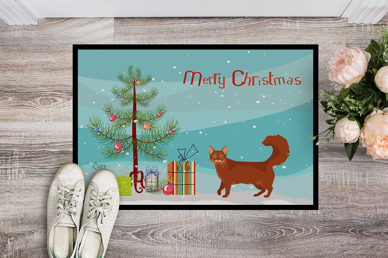 Somali Cat Christmas Doormat Indoor Outdoor 18H X 27W Front Door Mat Rugs for Entryway, Non Slip Washable