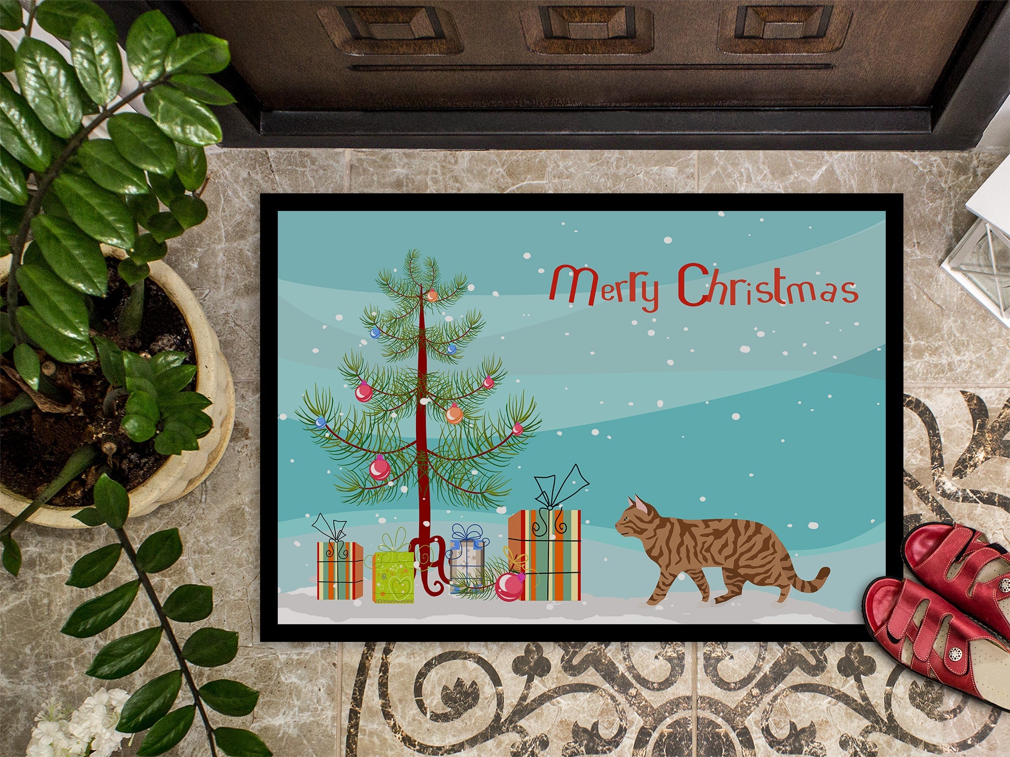 Toyger Cat Christmas Doormat Indoor Outdoor 24H X 36W Front Door Mat Rugs for Entryway, Non Slip Washable Low Pile,