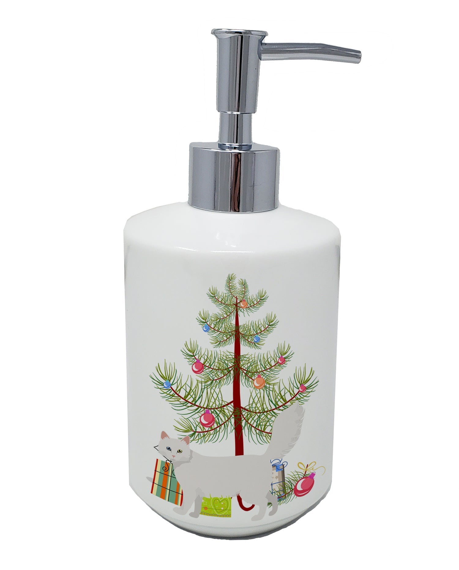 Turkish Angora Cat Christmas Ceramic Soap Dispenser , Empty Refillable Hand Soap Pump Bottle for Bathroom Kitchen