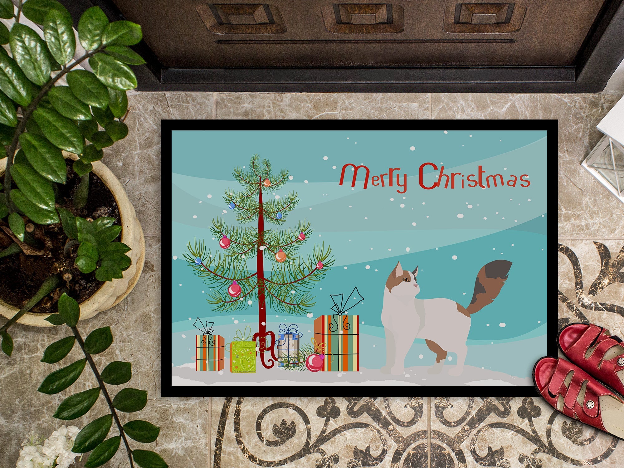 Turkish Van Cat Christmas Doormat Indoor Outdoor 18H X 27W Front Door Mat Rugs for Entryway, Non Slip Washable