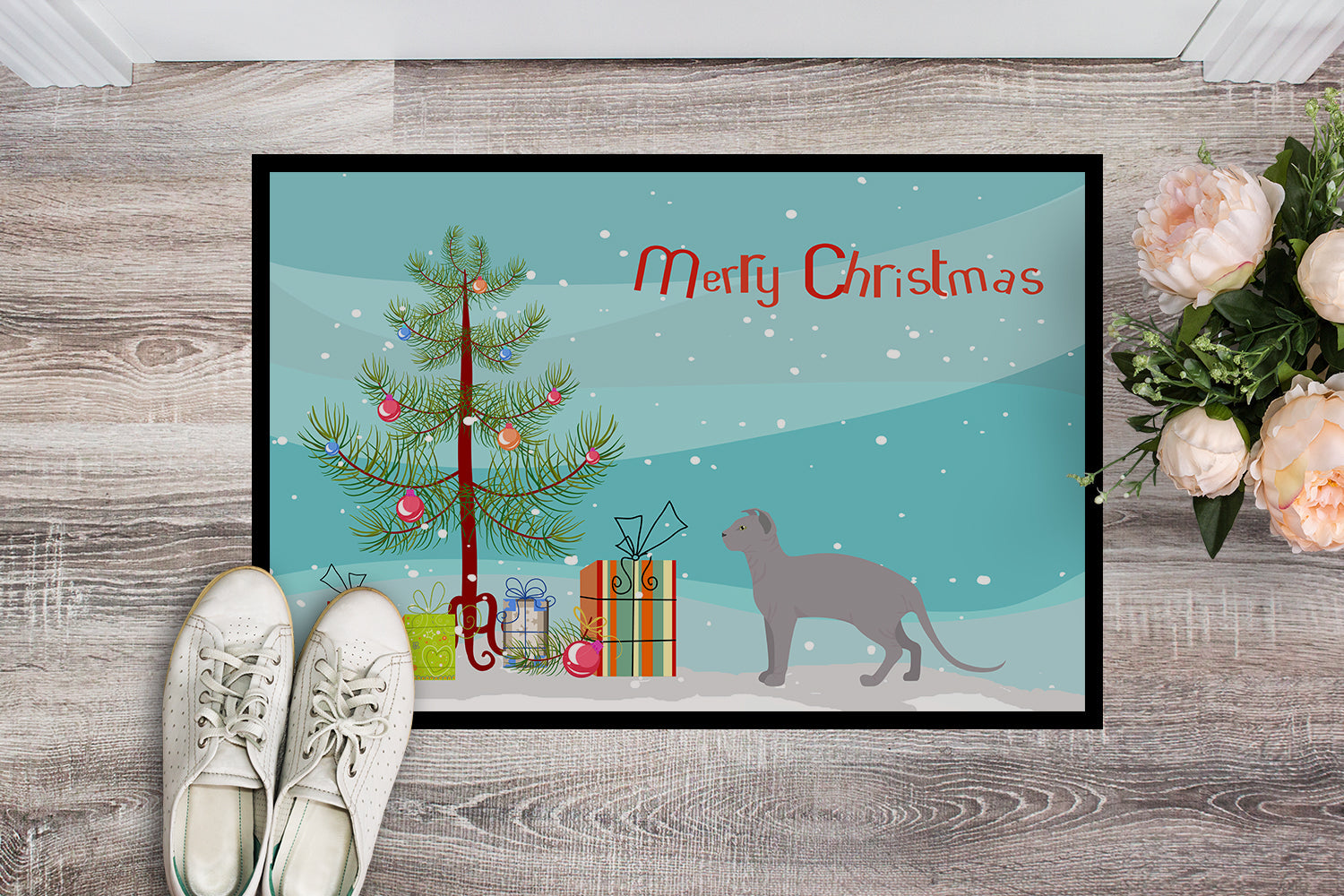 Ukrainian Levkoy Cat Christmas Doormat Indoor Outdoor 18H X 27W Front Door Mat Rugs for Entryway, Non Slip Washable
