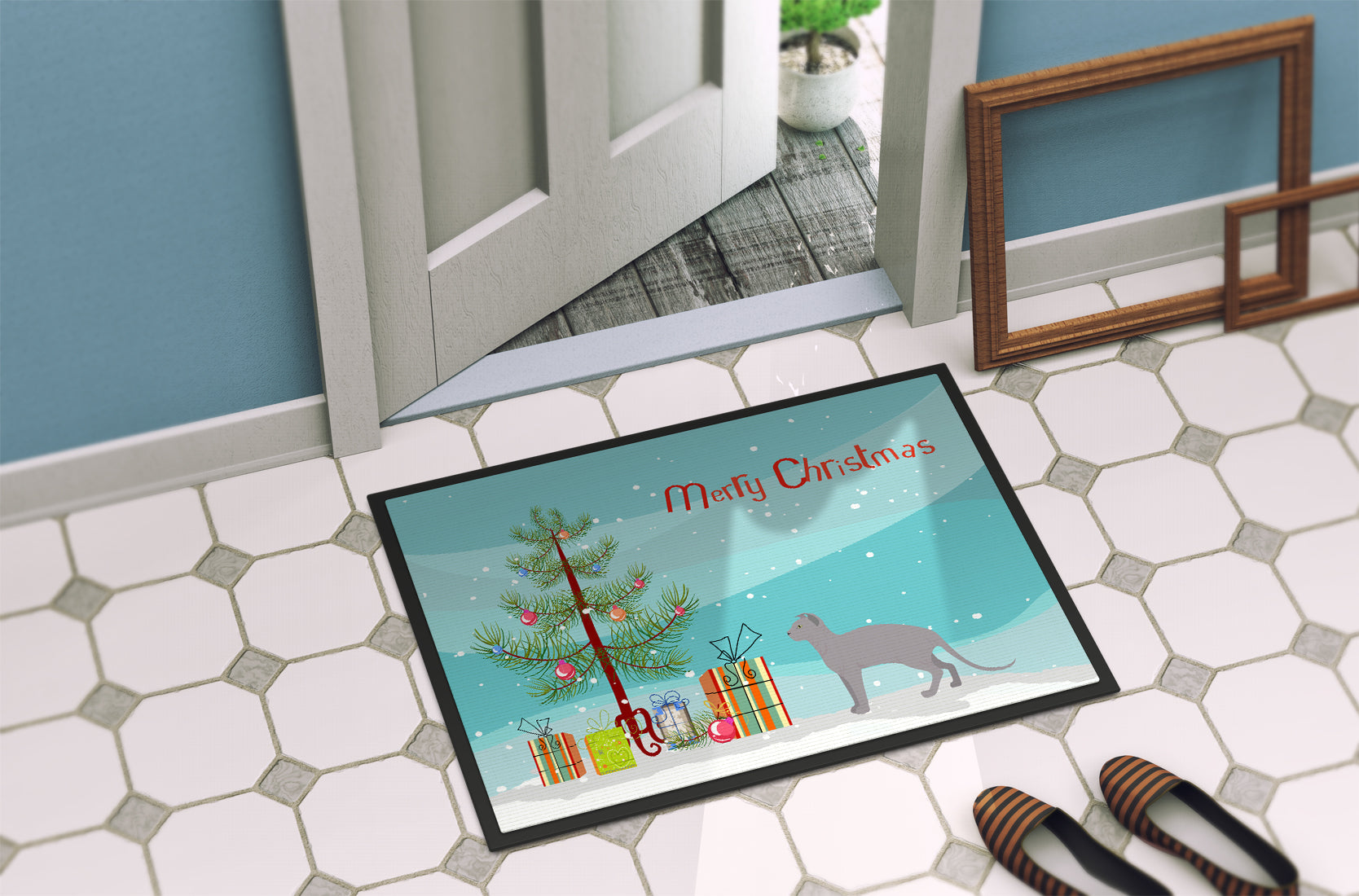 Ukrainian Levkoy Cat Christmas Doormat Indoor Outdoor 18H X 27W Front Door Mat Rugs for Entryway, Non Slip Washable