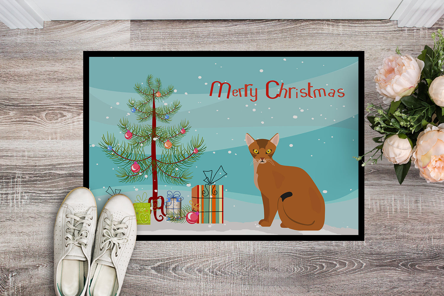Abyssinian Cat Christmas Doormat Indoor Outdoor 18H X 27W Front Door Mat Rugs for Entryway, Non Slip Washable