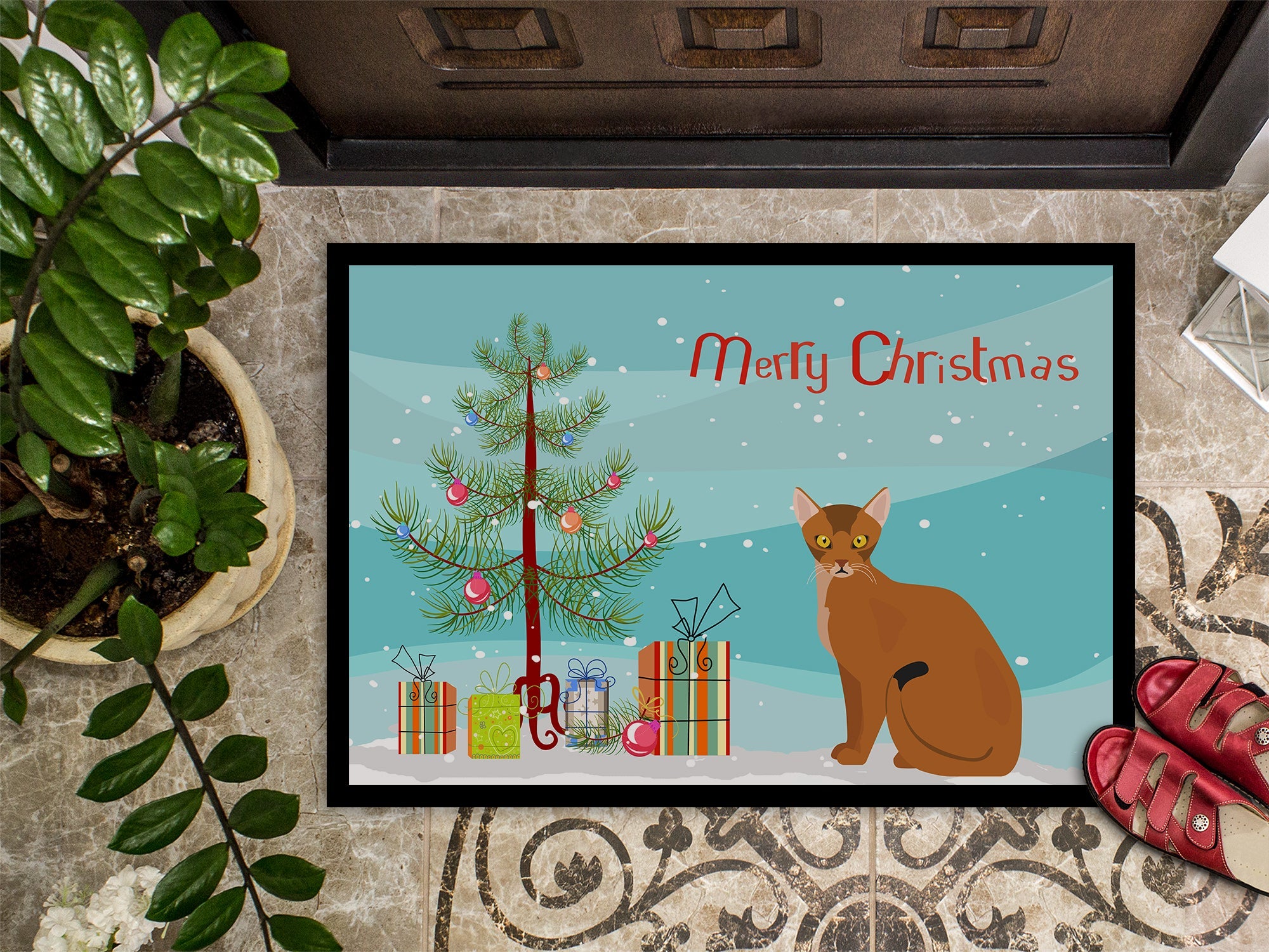 Abyssinian Cat Christmas Doormat Indoor Outdoor 18H X 27W Front Door Mat Rugs for Entryway, Non Slip Washable