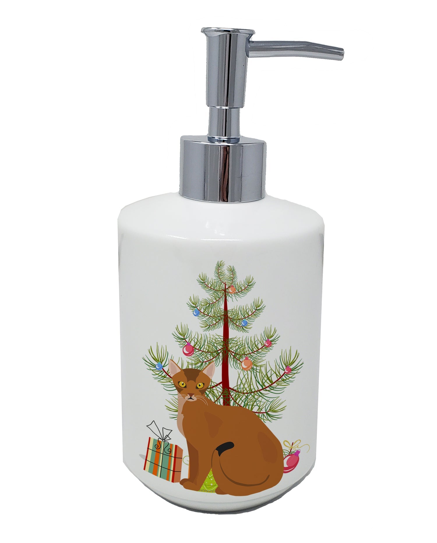 Abyssinian Cat Christmas Ceramic Soap Dispenser , Empty Refillable Hand Soap Pump Bottle for Bathroom Kitchen