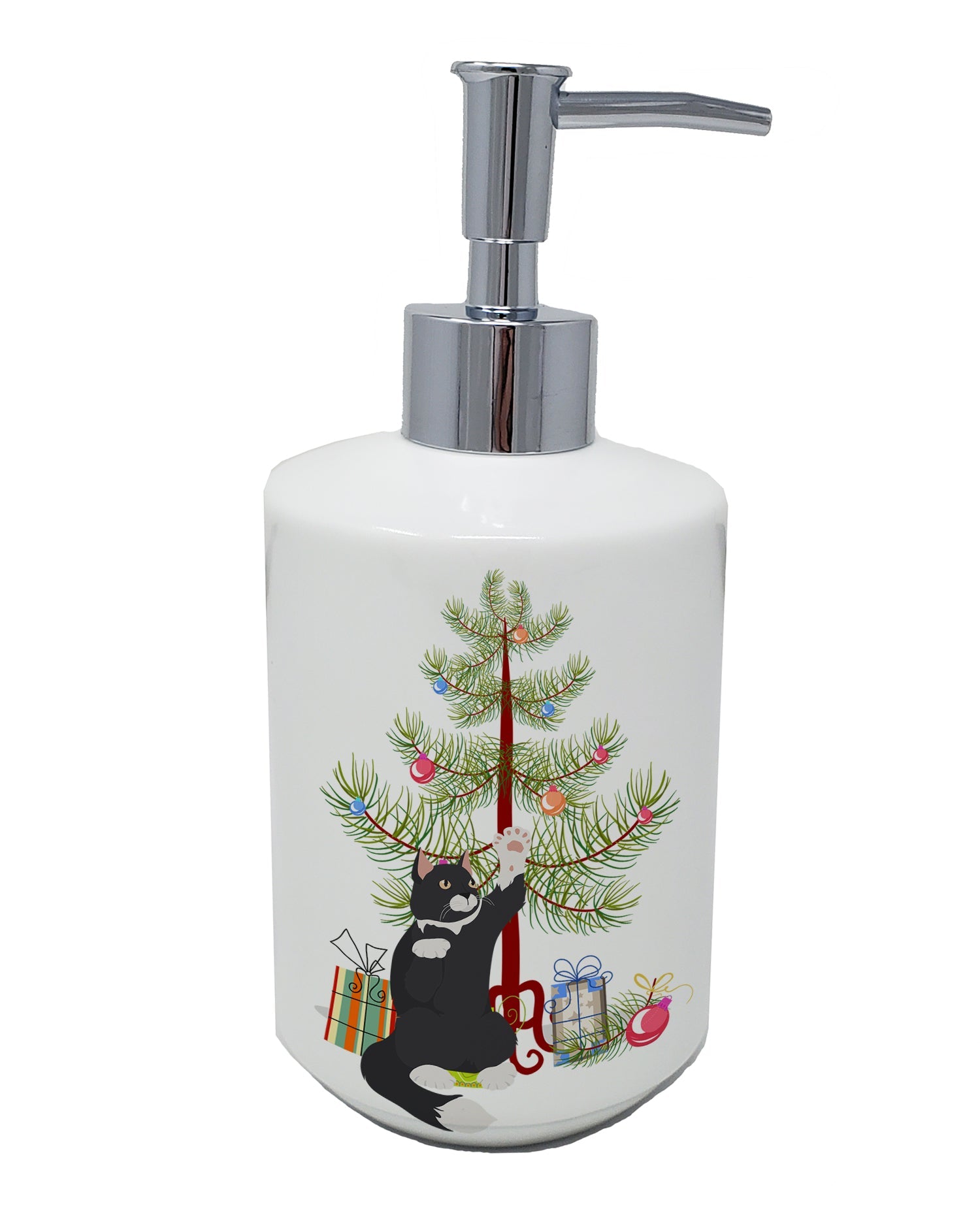 American Polydactyl Cat Christmas Ceramic Soap Dispenser , Empty Refillable Hand Soap Pump Bottle for Bathroom Kitchen