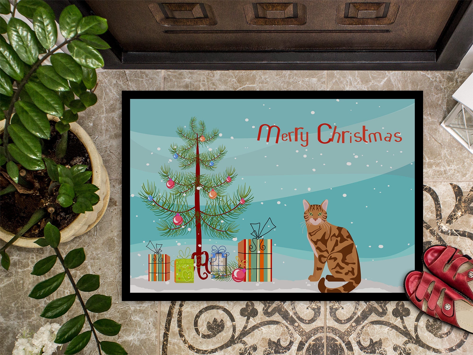 Bengal Cat Christmas Doormat Indoor Outdoor 24H X 36W Front Door Mat Rugs for Entryway, Non Slip Washable Low Pile,