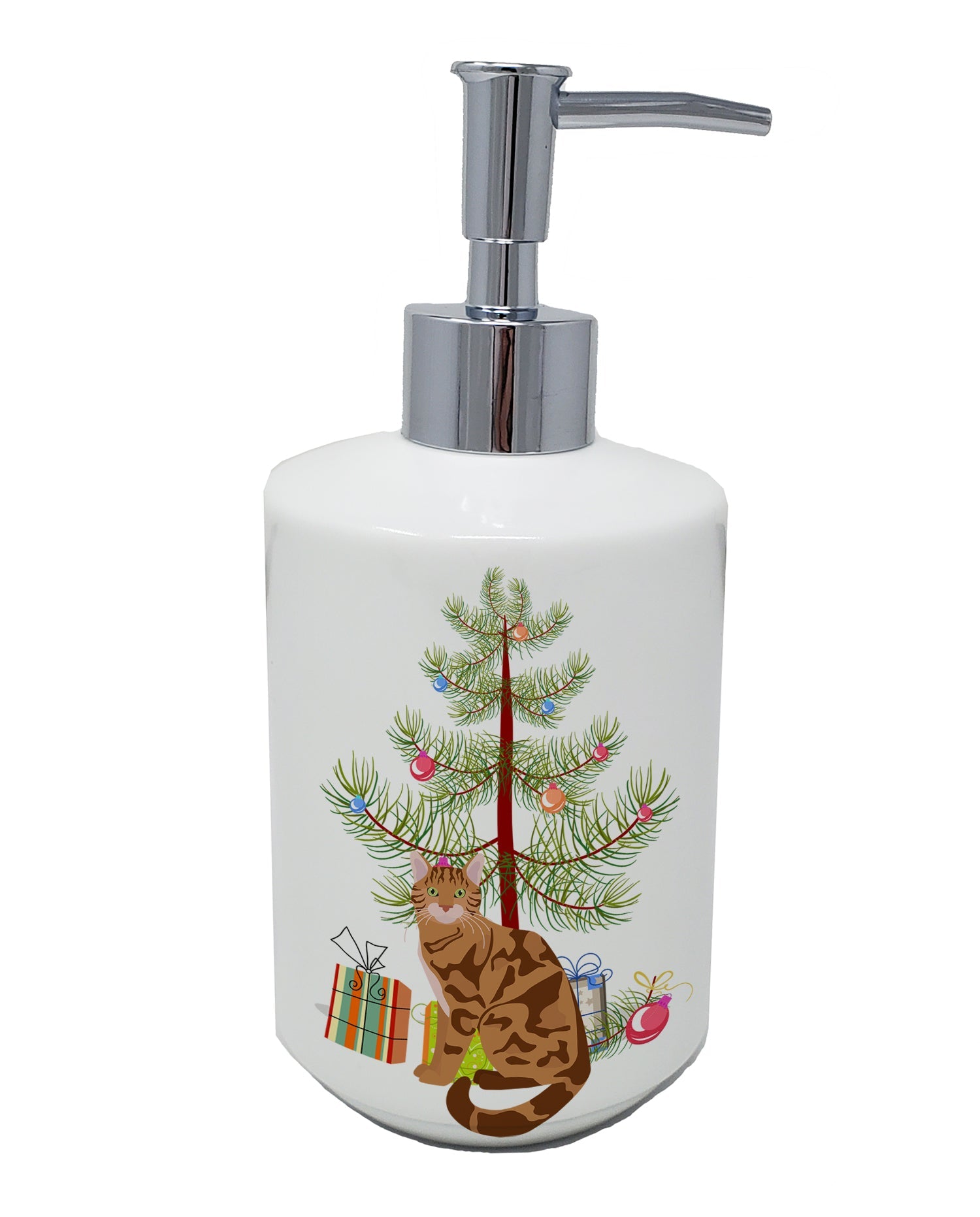 Bengal Cat Christmas Ceramic Soap Dispenser , Empty Refillable Hand Soap Pump Bottle for Bathroom Kitchen